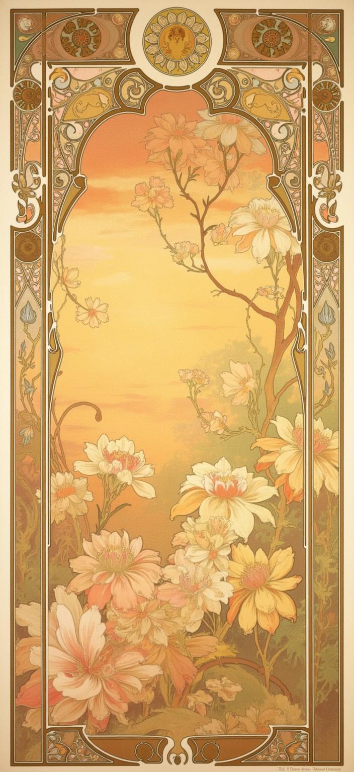 mucha, Enriched prompt: Imagine a breathtaking painting centered on a digital wallpaper showcasing the serene beauty of morning fresh flowers at sunrise. The flowers, adorned with sparkling morning dew, capture the first light of day, their vibrant colors illuminated in warm, golden hues. This scene is brought to life with flowing, organic lines, inspired by the Art Nouveau style, characterized by intricate decorative patterns and a harmonious blend of natural motifs.

The background is a highly stylized, dreamlike landscape, where delicate, muted colors seamlessly blend with exuberant floral motifs. Sinuous vines and blooming flowers gracefully intertwine, creating a romantic aesthetic. Subtle geometric patterns and celestial elements, reminiscent of Mucha’s signature style, enhance the composition, adding a refined, ornamental quality.

This enchanting scene is encapsulated within an elaborate ornamental frame, its sweeping curves and detailed embellishments reminiscent of a grand Gothic window. The intricate border, adorned with organic patterns, flowers, and celestial symbols, not only unifies the piece but also invites viewers into a poetic realm where nature and human emotion harmoniously blend. This captivating digital wallpaper is ideal for adding a touch of elegance and tranquility to any space.