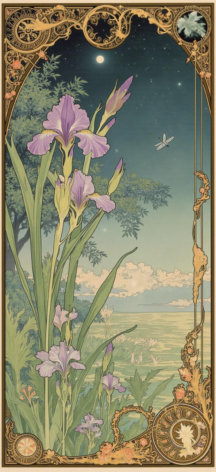 mucha, Enriched prompt: Create a captivating dreamlike painting of the edge of a serene lake nestled beneath a vast, starry night sky. This artwork draws from the flowing, organic lines and intricate decorative patterns characteristic of the Art Nouveau style, with a special nod to the elegance found in the works of Alphonse Mucha. The scene is devoid of human presence and architecture, emphasizing nature's pure beauty. In the foreground, an enchanting ensemble of iris flowers, gracefully interspersed with bullrushes and reeds, thrives. Behind them, a tapestry of alder and willow trees softly sways, providing an idyllic backdrop.

Interwoven throughout the composition are sinuous vines and blooming flowers, their presence lending a harmonious balance to the piece. The color palette is meticulously chosen, utilizing delicate hues that conjure a romantic and tranquil atmosphere, inviting viewers into its ethereal embrace. The background is highly stylized, merging elements of fine art and design to evoke an atmosphere that is both dreamy and ethereal.

The scene is bordered by an elaborate ornamental frame of twisting vines and art nouveau whiplash curves. This border, asymmetrical by design, is adorned with intricate organic patterns and flowers, serving as a bridge between worlds. An extraordinary large purple iris commands attention on the left-hand side, breaching the border and interacting with the scene's elements. It is met by a very large blue-green dragonfly poised directly facing the flower, adding whimsy and life. Below this interaction, another large dragonfly hovers on the right-hand side.

Designed as a digital wallpaper for use on smartphone backgrounds, this painting not only captivates with its beauty but also provides a sense of serenity and wonder, making it a window into a dreamlike world that harmonizes the splendor of nature and artistic expression.