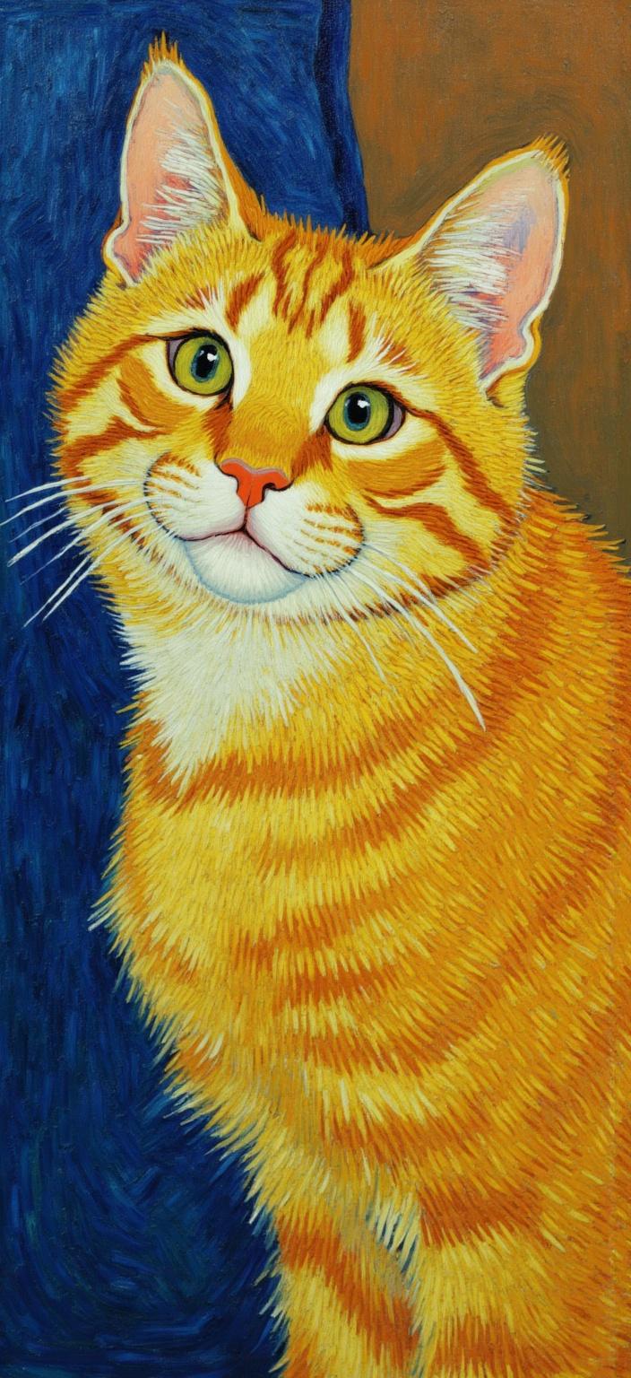 van_gogh, Enriched prompt: Visualize a captivating painting of a cute cat meticulously centered to create a crisp, clean look suitable for digital wallpaper. The feline is portrayed with intense color and dynamic brushwork, exuding a vivid presence. The artist employs bold, expressive compositions, utilizing rich, impasto layers that bring the canvas to life. Vivid, rich colors—perhaps an electric blue paired strikingly with a fiery orange—envelop the cat, their complementary contrast heightening the painting's visual impact and intensity. Brushstrokes are loose, energetic, and swirling, forming curly, flame-like patterns that contribute to a rhythmic, pulsating quality. This dynamic touch infuses the artwork with a unique sense of motion and life. The painting is infused with raw emotion and urgency, rendering the cute cat both deeply personal and universally compelling, making it a perfect choice for a digital wallpaper.