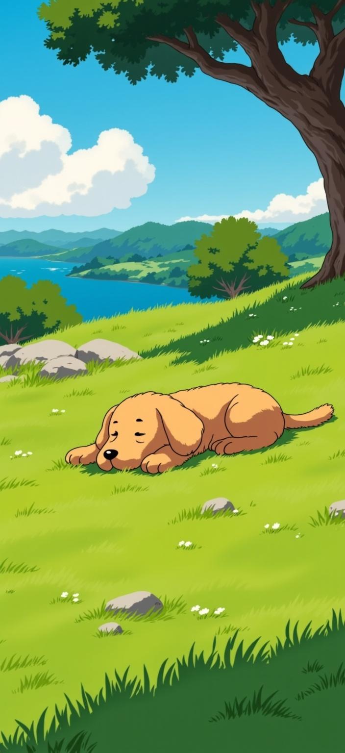 ghibli_illustration, Enriched prompt:

Create a captivating digital wallpaper featuring a golden doodle resting comfortably on a verdant green lawn. The scene should be rendered in a hand-drawn animation style, emphasizing richly detailed backgrounds and expressive character designs that bring the golden doodle to life. The overall aesthetic should be bright and whimsical, exuding a joyful and inviting atmosphere. Employ soft, painterly textures with a hand-drawn feel, incorporating pencil sketches and subtle imperfections to enhance the organic movement of the scene. Use warm, natural lighting to bathe the setting in a cozy glow, with vivid yet slightly muted colors to maintain a dreamy, nostalgic quality. The background should be abundantly detailed, teeming with life, making everyday objects and textures feel tangible and lived-in. The golden doodle, as the central subject, should be accurately proportioned and clearly visible, nestled in the lush grass that sways gently as if caught in a gentle breeze. This artwork aims to evoke a sense of nostalgia and serenity, perfect for a digital wallpaper that transforms any space into a tranquil haven.