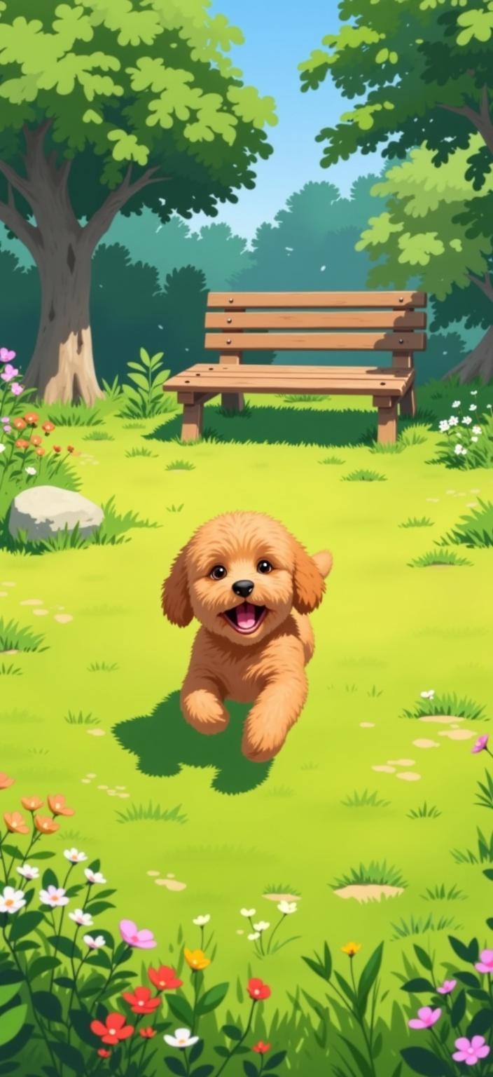 ghibli_illustration, Enriched prompt: 

In the center of the painting, a playful puppy Golden Doodle is joyously frolicking on a lush green lawn, surrounded by an enchanting, richly detailed background that breathes life into the scene. The artwork draws inspiration from the hand-drawn animation style, capturing the charming, expressive character design of the puppy with pencil sketches that show subtle imperfections, adding an organic movement to the scene. The vibrant yet slightly muted colors evoke a whimsical and joyful aesthetic, while the soft, painterly textures lend a warm, inviting feel to the atmosphere.

The background teems with everyday objects meticulously rendered to give a tangible, lived-in quality—perhaps a simple wooden bench with a slightly worn seat, or delicate wildflowers swaying gently in the breeze, each petal and leaf intricately detailed. Light filters warmly through the scene, casting a cozy glow that enhances the dreamlike, nostalgic quality without the harsh contrasts that could disrupt the image's serene harmony. The proportions of the puppy are accurate, with fur that appears soft to the touch, and a playful expression that captures the essence of youthful exuberance. 

This centerpiece painting is meticulously designed to ensure all elements are proportionately harmonious and crisply rendered, creating a delightful digital wallpaper that invites viewers into its lively, joyful, and cozy world.