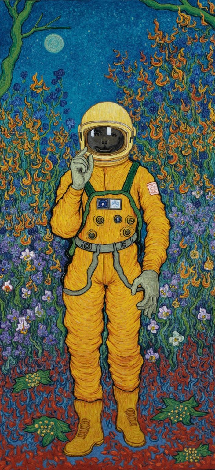 van_gogh, In this vibrant and emotionally charged painting, we see an astronaut standing in a lush, alien landscape, surrounded by a breathtaking array of exotic flowers that thrive under the otherworldly sky of an unfamiliar planet. The astronaut, clad in a shiny, reflective spacesuit, is depicted in a moment of serene contemplation, as if marvelling at the extraordinary beauty that envelops them. The flowers are depicted in vivid, rich colors—blues and oranges, yellows and purples—applied in thick, impasto layers. Each petal and leaf seems to pulsate with life, swirling and curving in energetic patterns that echo the rhythm of the universe.

The background of the alien planet is painted with intense color contrasts, featuring a sky that shifts from deep indigo to fiery crimson, punctuated by the distant glimmer of stars and planets. The celestial backdrop adds a sense of infinite space and mystery. The brushstrokes are bold and dynamic, with a sense of movement that suggests a gentle breeze rustling through the floral tapestry. Curly, flame-like patterns infuse the scene with a sense of urgency and raw emotion, capturing the viewer’s imagination and drawing them into this captivating world.

This artwork offers a unique juxtaposition of human exploration and the untamed beauty of nature, rendered in a style that combines vibrant colors with expressive, bold compositions. Perfectly centered and harmonized, this painting makes for an ideal digital wallpaper, transforming any screen into a window to another world, bursting with color and life.