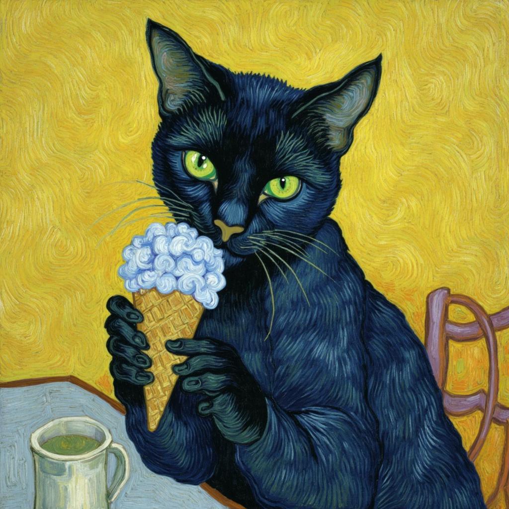 van_gogh, Enriched prompt: Imagine a captivating scene where a whimsical cat, with sleek fur of the deepest midnight black and striking emerald-green eyes, indulges in a sumptuous, sky-blue ice cream cone. The ice cream appears to be melting slightly, with hints of creamy lavender and zesty orange, harmoniously contrasting with the feline's dark coat. In the background, swirling, flame-like brushstrokes of vibrant yellows and purples create an energetic dance, enhancing the scene's dynamic nature. The cat’s posture is playful yet focused, with its delicate paws gently cradling the cone, as if savoring every moment of this delightful treat. The painting is a tapestry of bold, expressive colors applied with thick, impasto layers, giving it a palpable texture and sense of movement. This image evokes a sense of intimate joy and whimsy, while also resonating with universal themes of indulgence and curiosity. Perfectly centered, this vibrant artwork transforms into a striking piece of wall art, capturing the viewer's attention and igniting a sense of wonder.