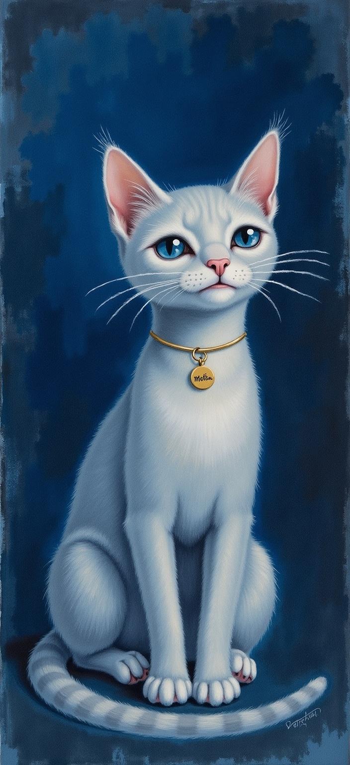 rothko, Title: "Motita's Radiance"

Description: In the heart of this painting, a beautiful grey kitten named Motita elegantly sits as the central focus, its fur a soft blend of silvery hues that seem to shimmer under an ethereal light. Around its neck hangs a delicate collar, with a small, shining tag engraved with the name "Motita" in elegant script. The collar, a subtle yet striking detail, adds a touch of charm and personality to this serene creature.

The background unfurls into a deep navy blue, evoking a sense of infinite calm and depth, reminiscent of a twilight sky. This rich backdrop is not static; it is alive with the complex layering of translucent colors, allowing light to filter through and giving the scene an inner luminescence. The hues meld into one another seamlessly, creating a dreamy mosaic where boundaries between them are delightfully blurred, and from a distance, the soft-edged shapes appear to float weightlessly.

The painting's surface is richly varied, where paint drips and strokes defy conventional direction, adding a dynamic texture that catches the viewer's eye. This technique evokes a sensation of movement and fluidity, capturing the essence of the kitten's quiet vitality and the depth of the surrounding atmosphere. The combination of these elements results in a digital wallpaper that radiates warmth and tranquility, inviting viewers into a serene world where Motita reigns as a gentle, luminous presence.