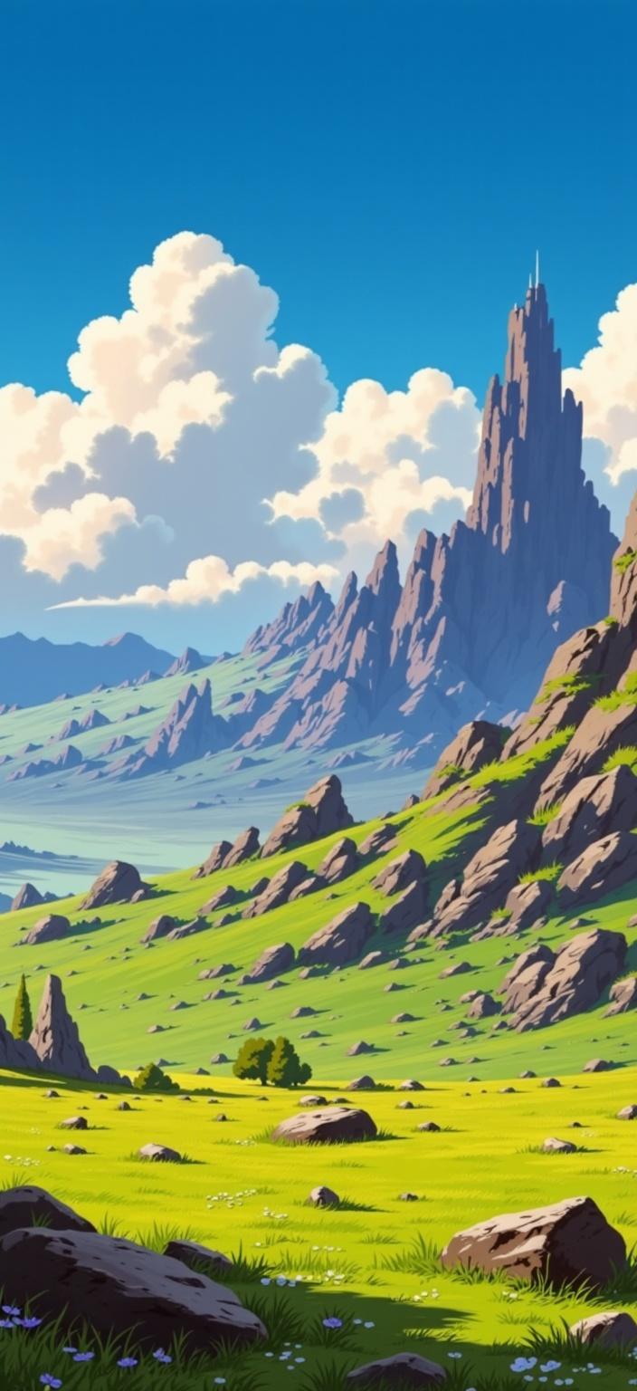 ghibli_illustration, In this digital wallpaper, envision the mystical ruins of Tel Mageddon, nestled within expansive dark meadows under a post-apocalyptic sky. The scene is meticulously painted in a style reminiscent of hand-drawn animation, capturing the viewer's imagination with its richly detailed backgrounds and expressive character designs. Each element conveys a whimsical and joyful aesthetic, with bright colors that invigorate the senses.

This artwork boasts soft, painterly textures, evoking a hand-drawn feel with subtle pencil sketches visible throughout. Embrace the subtle imperfections and organic movement that bring this vision to life, while warm, natural lighting casts a cozy and inviting glow over the scene. The colors are vivid yet slightly muted, avoiding harsh contrasts, to maintain a dreamy, nostalgic quality that gently envelops the viewer.

Everyday objects and textures scattered amongst the ruins are meticulously rendered, transforming each stone, blade of grass, and shadow into something tangible and lived-in. The backgrounds are richly detailed, pulsating with life, inviting one's imagination to wander through the nostalgic, dreamlike landscape. The main subjects are accurately proportioned, clearly visible, and centered, ensuring a crisp and clean look, perfect for printing as a digital-wallpaper. Let this enchanting image transport you to a world where fantasy and reality coexist in a harmonious, beautifully painted symphony.