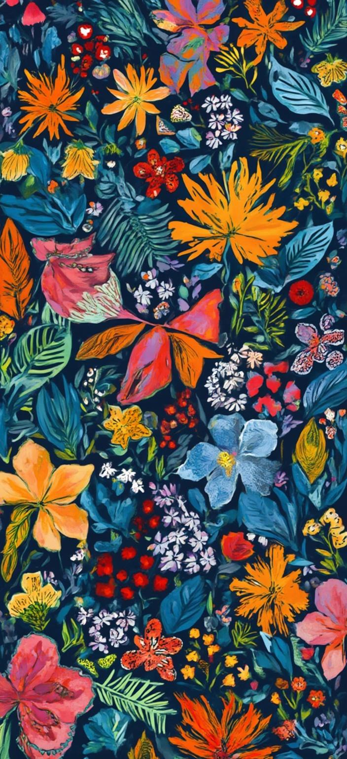 colorful_illustration, Enriched prompt:

Create a captivating digital wallpaper featuring a dark blue simple design, centered for a crisp and clean look. The design should draw inspiration from vibrant and colorful illustrations, embracing a playful, dynamic, and hand-drawn feel. The background will be adorned with organic shapes and scattered decorative elements, including a variety of leaves and floral patterns arranged harmoniously. This composition should evoke a natural, free-flowing quality, with lavish detailing and intricate composition that seamlessly blends bold organic shapes with delicate details. Incorporate ornamental elements such as dots, swirls, and abstract motifs, layering luxurious colors and patterns to create depth and movement. The overall aesthetic should echo the essence of Scandinavian folk art and mid-century botanical prints, offering a harmonious, radial floral pattern that remains simple yet profound, ensuring it is suitable for printing as a digital wallpaper.