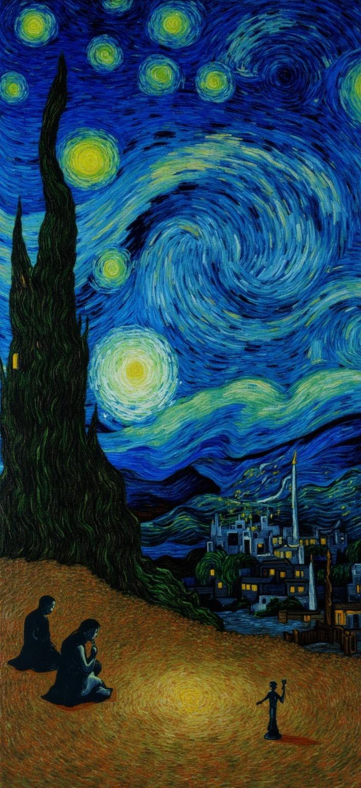 van_gogh, Amidst the haunting beauty of a star-speckled night, a scene unfolds in the vivid and expressive style of Van Gogh. The foreground of the painting is dominated by a dark, moody chessboard, its stark contrasts playing against the luminous sky. Two shadowy figures, ethereal and ghostlike, sit in deep contemplation, their forms delicately illuminated by the celestial glow. Above them, the night sky swirls with Van Gogh's signature post-impressionist dynamism, featuring thick, textured brushstrokes that breathe life into each star, rendering them as blazing, golden orbs amidst the deep cobalt and charcoal expanse.

The vibrant yellows of the stars and a distant village's warmly lit windows pierce through the cool darkness, casting a surreal glow that encapsulates the duality of hope and mystery. Tall, enigmatic cypress trees, painted with bold, sweeping motions, sway gently beside the chessboard, their dark forms bridging the terrestrial with the ethereal. The trees' leaves twist and curl in rhythmic patterns, resembling Van Gogh's flame-like brushstrokes, infusing the landscape with movement and emotional depth.

This scene, with its intense color contrasts of blue and orange, yellow and purple, captures the essence of Van Gogh's bold, expressive compositions. Each impasto layer of paint adds texture, creating a sense of urgency and raw emotion that transcends the canvas, inviting viewers into a world where reality and dream collide. This surreal, poetic composition is centered perfectly to create a crisp, clean image, ideal for a digital wallpaper that immerses the viewer in a captivating dance of color and emotion.