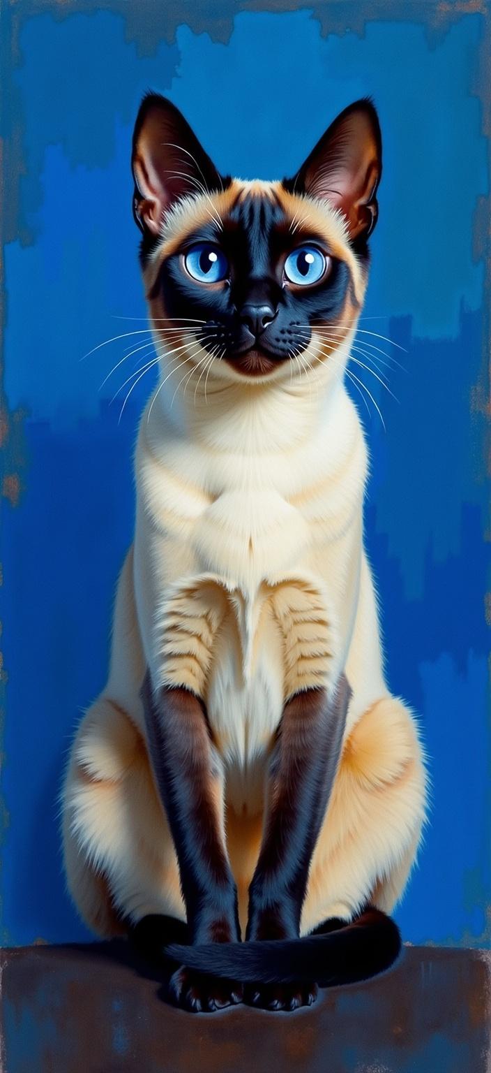 rothko, In this captivating digital wallpaper, a poised Siamese cat sits elegantly against a deep blue background. The painting draws inspiration from a style characterized by complex layering of translucent colors, creating an illusion of "inner light" and extraordinary luminosity. At first glance, the colors seamlessly melt into one another, the blurred boundaries between shapes adding to their ethereal allure. From a distance, the soft-edged rectangles of various hues appear to hover weightlessly, creating floating zones of color that captivate the viewer's gaze. The richly varied surfaces of the painting, with paint drips or strokes that defy conventional direction, add an element of surprise and intrigue. This composition ensures a crisp and clean look, making it ideal for printing as a digital wallpaper that transforms any room into a space of serene beauty and artistic sophistication.