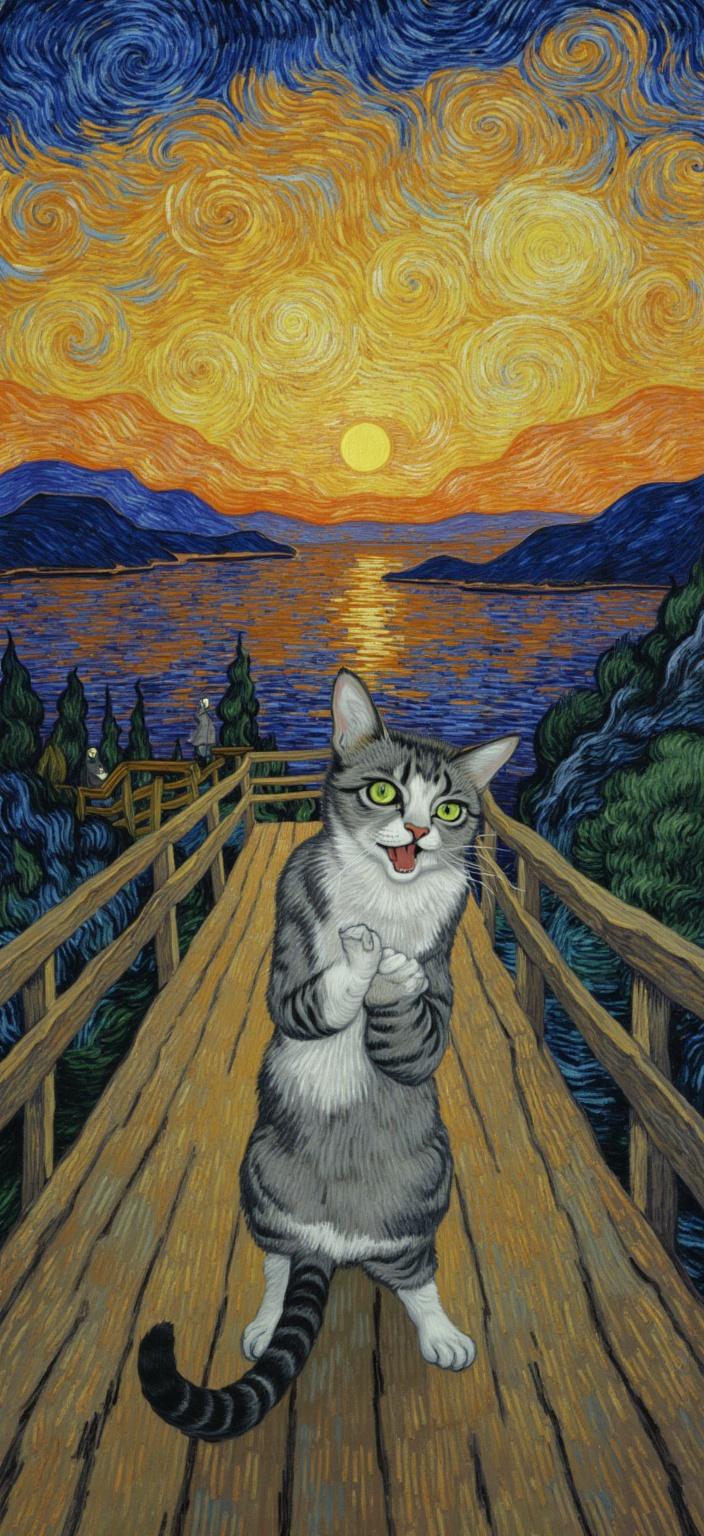 van_gogh, A captivating digital wallpaper featuring a wide-eyed, gray and white tabby cat standing on a wooden bridge at sunset. The cat, embodying the iconic pose from Edvard Munch’s ‘The Scream’, has its paws dramatically pressed to its cheeks, its mouth slightly open, and its eyes bulging with a humorous yet deeply expressive shock. The background is an evocative masterpiece, painted in a style inspired by post-impressionism, showcasing swirling skies filled with vibrant tones of orange, blue, and yellow. The scenery captures a fjord beneath the fiery sky, with shadowy figures in the distance adding a layer of mystery and intrigue. The painting style is infused with intense color, dynamic brushwork, and bold, expressive compositions. Rich, vivid colors applied in thick, impasto layers convey a sense of movement and emotional depth, with bold complementary contrasts of blue and orange enhancing the visual impact. The loose, energetic brushstrokes give the artwork a rhythmic, pulsating quality, reminiscent of curly, flame-like patterns that breathe life into the scene. This surreal yet emotional depiction, brimming with painterly texture, captures the essence of urgency and raw emotion, making it both universally compelling and deeply personal. Perfectly centered, the image ensures a crisp, clean look suitable for digital wallpaper, transforming any device into a canvas of artistic expression.
