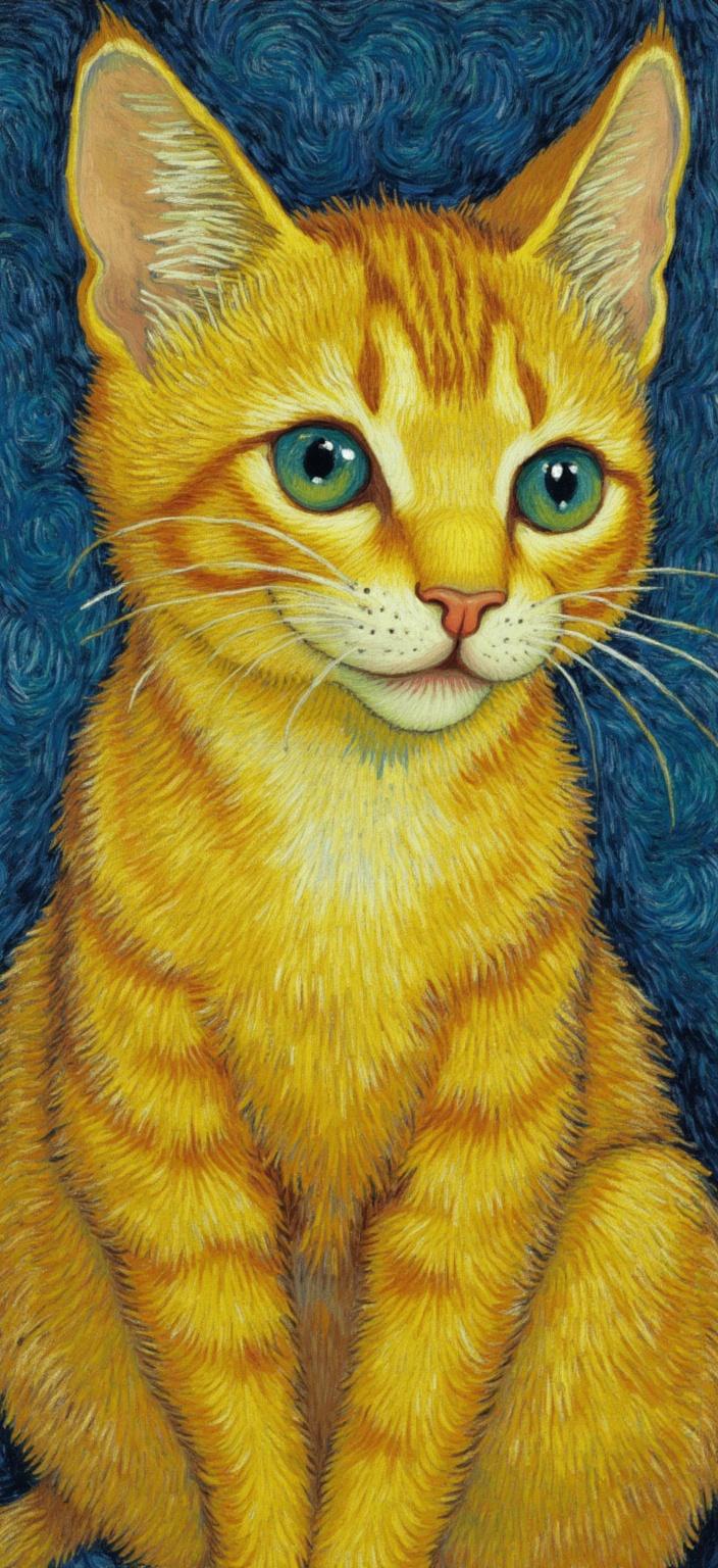 van_gogh, In the center of this digital wallpaper, a cute cat is vividly brought to life, capturing your gaze with its enchanting eyes that seem to swirl with a mix of deep blues and warm oranges. The cat's fur is depicted with intense colors, featuring a palette of dynamic yellows and purples that dance across its form in thick, impasto layers. Each brushstroke is imbued with bold, expressive energy, creating a sense of movement and emotional depth that almost makes the cat appear alive. The swirling, flame-like patterns of the brushwork give the fur an almost rhythmic, pulsating quality, inviting viewers into a deeply personal yet universally compelling narrative. The energetic use of vigorous, linear patterns creates a unique sense of motion, as if the cat is caught mid-pounce in a moment of pure playfulness. The composition is meticulously centered, offering a crisp, clean look that makes it perfect for use as a striking digital wallpaper.