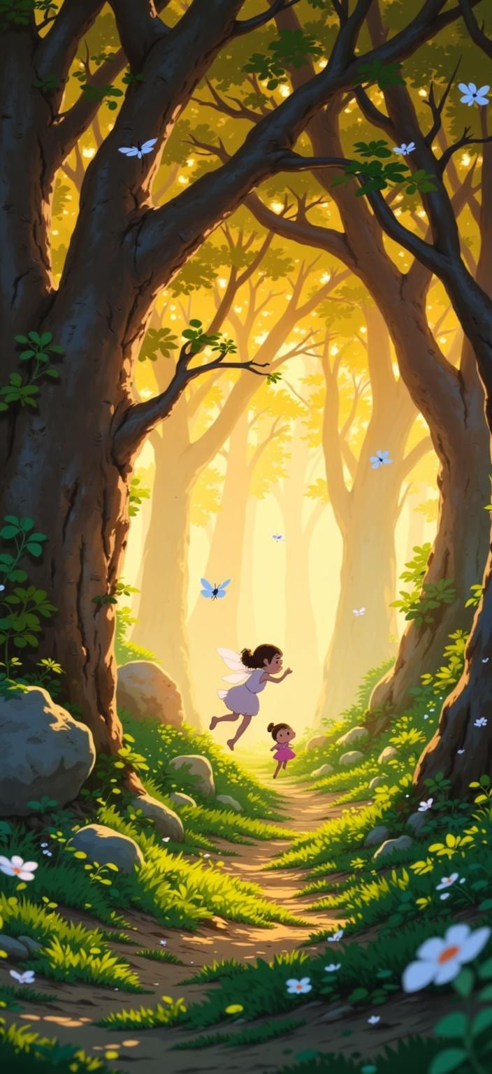 ghibli_illustration, A captivating painting of a magical forest, enveloping viewers in a dreamlike ambiance. At the heart of this enchanting woodland, tiny spirits gracefully dance amidst the lush foliage. These ethereal beings, with their delicate wings and luminescent auras, are depicted with expressive, hand-drawn character designs that convey their whimsical and joyful nature. They appear almost as if in motion, bringing life to the scene with organic movements and subtle imperfections.

The forest setting is richly detailed, with an abundance of vibrant yet slightly muted colors that create a harmonious balance. The trees, draped in a tapestry of warm hues, exude a cozy and inviting glow under the natural lighting that filters through the canopy. Every leaf, branch, and blade of grass is meticulously rendered, giving the impression of a world brimming with life and texture. The backgrounds are carefully designed with a hand-drawn animation feel, showcasing soft, painterly textures and pencil sketch-like elements, enhancing the nostalgic quality.

Despite the whimsical aura, the scene maintains a sense of realism due to the accurate proportions of its subjects and the tangible presence of everyday objects subtly integrated into the forest landscape. This painting masterfully avoids harsh contrasts, opting instead for a cohesive and dreamy visual narrative. The result is a digital wallpaper that draws inspiration from richly detailed, hand-drawn animation styles, offering a print-ready artwork that invites viewers to lose themselves in its serene and magical world.