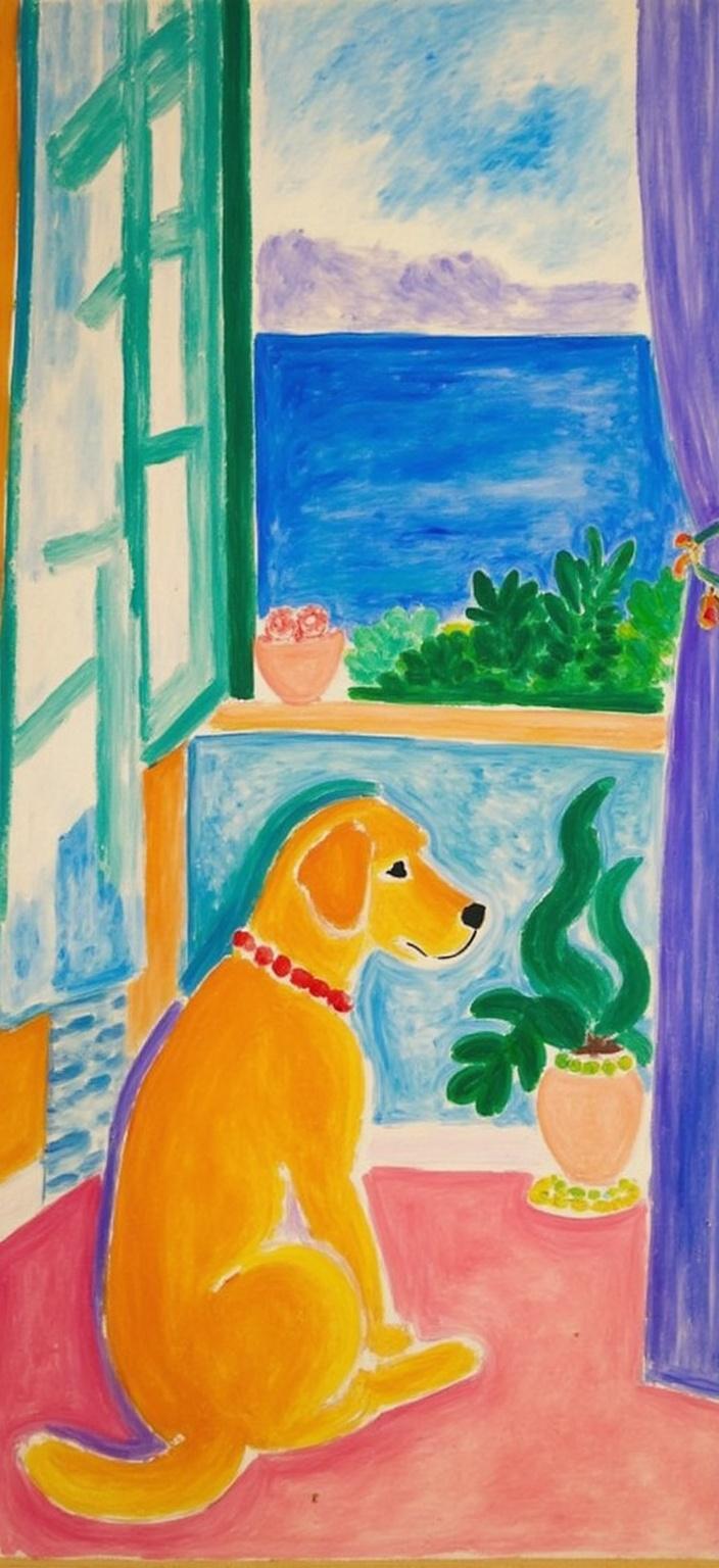 mattise_nice, A vivid and captivating digital wallpaper featuring a small golden doodle, elegantly sitting with its back turned towards the viewer, gazing intently at the serene view outside the window. The scene is painted in the style reminiscent of "Matisse in Nice," exuding a sense of warmth and vibrancy through the use of bright, bold colors and fluid brushstrokes. The room is bathed in soft sunlight, with gentle shadows cast upon the floor and walls, enhancing the cozy atmosphere. The window frames a picturesque landscape, perhaps a lush garden or a tranquil seascape, rich in color and detail, mirroring Matisse's love for vivid Mediterranean scenery. This composition is meticulously centered, ensuring a crisp, clean look that makes it perfect for printing as digital wallpaper, transforming any space into a delightful haven of art and joy.