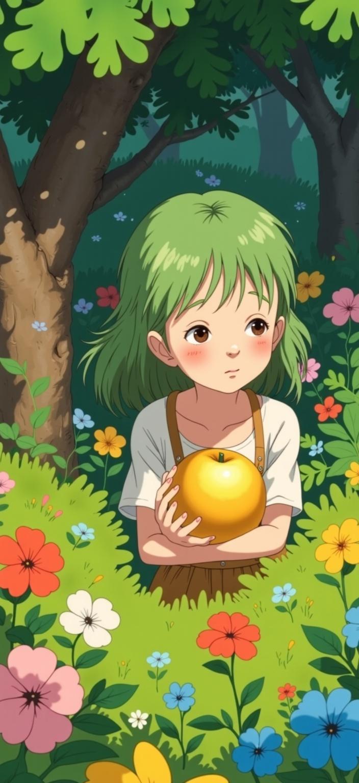 ghibli_illustration, Create an enchanting digital wallpaper featuring a girl with green hair and half-lidded eyes, gently holding a golden apple, her gaze fixed upon it with a sense of wonder. Her hair flows gently around her, infused with subtle highlights that catch the light. Resting against a backdrop of a lush, richly detailed landscape, the scene is adorned with an assortment of trees and vibrant, colorful flowers. Each element exudes a hand-drawn animation style, with expressive character designs that capture the girl's contemplative and serene demeanor.

The composition is steeped in bright, whimsical colors, with painterly textures that lend a soft, inviting feel to the artwork. Pencil sketches and subtle imperfections enhance the organic movement of the piece, immersing the viewer in a warm, nostalgic ambiance. The lighting is warm and natural, casting a cozy glow that wraps around the subject and her surroundings, contributing to the inviting mood.

The golden apple, central to the image, gleams with a gentle luster, symbolizing a sense of wonder and discovery. The richly detailed background breathes life into the scene, with everyday objects and textures meticulously rendered, making each element feel tangible and lived-in. Soft, muted colors are used throughout, maintaining a dreamy, nostalgic quality, while avoiding harsh contrasts to ensure harmonious integration of all elements.

The image is centered perfectly to ensure a crisp and clean look, ideal for digital wallpaper, capturing the essence of a whimsical, joyfully nostalgic aesthetic that transports the viewer to a place of serene beauty and gentle enchantment.