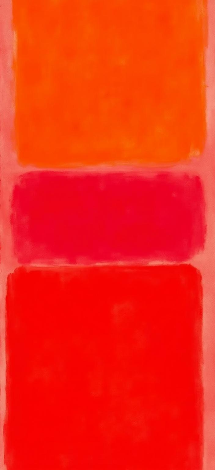 rothko, Create a digital painting centered and meticulously crafted for digital wallpaper, featuring abstract color fields dominated by vibrant shades of red and orange. Drawing inspiration from a style that emphasizes complex layering of translucent colors, allow light to filter through the composition, imbuing the piece with a sense of inner luminosity. Up close, the colors should appear to melt and fuse together seamlessly, with blurred and indistinct boundaries between the various shapes. From a distance, the arrangement should reveal soft-edged rectangles that seem to hover weightlessly across the canvas, like floating zones of color in a harmonious dance. The richly varied surfaces should be accentuated by paint drips or strokes running in unconventional directions, adding a dynamic and organic texture to the artwork. The overall effect should be one of ethereal beauty, making it an ideal centerpiece for digital wallpaper, offering a captivating and immersive visual experience suitable for any digital display.