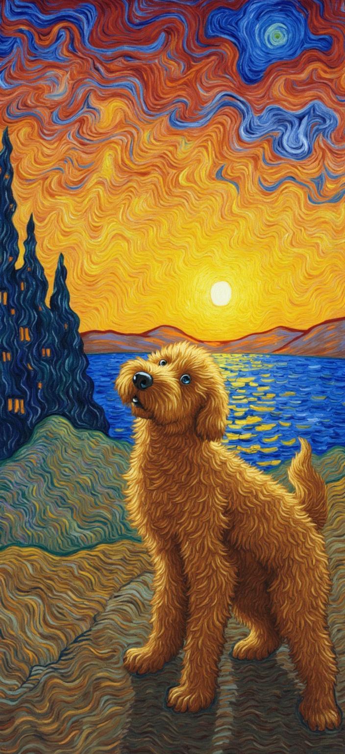 van_gogh, Enriched prompt:

Imagine a breathtaking painting capturing the serene yet emotionally charged moment of a fluffy, playful golden doodle puppy as it gazes intently at a stunning sunset. The puppy, with its curly fur rendered in swirling, flame-like brushstrokes, stands at the heart of the composition, inviting the viewer into its world of wonder. The sunset before it is a symphony of intense colors—fiery oranges and deep blues—reflecting off the water and the puppy’s eyes, creating a vivid tapestry of contrasting hues.

The impasto technique is used to apply layers of rich colors, with dynamic brushwork that adds depth and texture to the scene. The sky, alive with bold, expressive strokes, almost seems to pulsate with a life of its own, blending seamlessly into the horizon where yellows meet purples in a captivating dance of complementary contrasts. This vibrant, rhythmic energy mirrors the innocent curiosity and joy emanating from the puppy, as if the entire universe shares in its moment of discovery.

This painting, designed as a digital wallpaper, ensures that the central focus remains clean and crisp, suitable for transforming any digital screen into a window of vibrant emotion and movement. The combination of energetic patterns and the use of vigorous, linear strokes imbues the artwork with an undeniable sense of urgency and raw emotion, creating a piece that is both deeply personal and universally compelling.