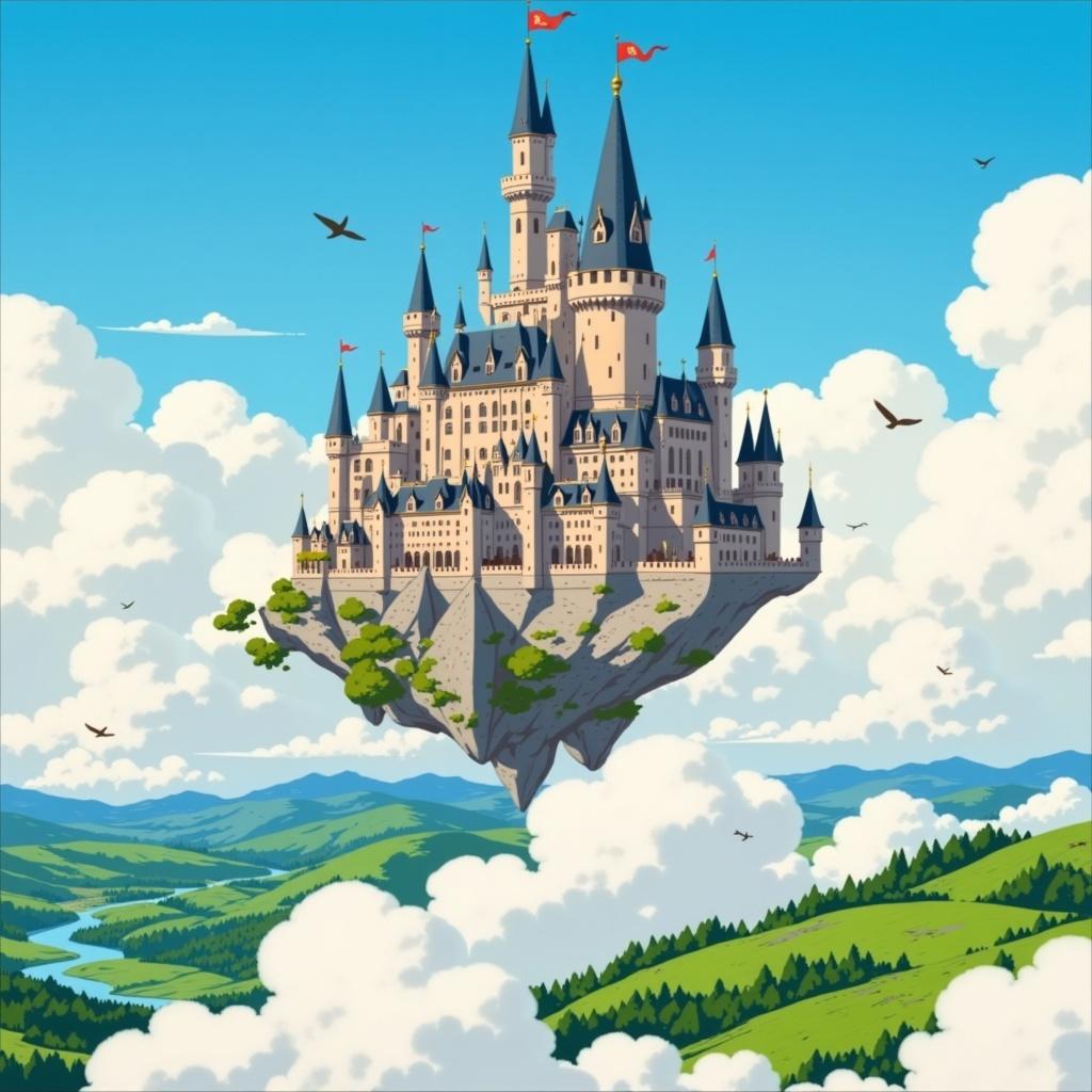 ghibli_illustration, Imagine a breathtaking scene where a majestic flying castle floats serenely amidst the soft, fluffy clouds. The castle, with its soaring turrets and intricately carved stonework, appears to be a relic from a magical realm, rooted in fantasy yet alive with detail. Its grandeur is adorned with vibrant banners that sway gently in the breeze, adding a splash of color that harmonizes with the bright, yet slightly muted, pastel tones of the sky.

The style is reminiscent of hand-drawn animation, capturing the viewer's imagination with richly detailed backgrounds and expressive architectural designs. The painting exudes a whimsical and joyful aesthetic, with each element carefully drawn to evoke a storybook charm. The castle's stonework is lovingly sketched, showing subtle imperfections and organic movement that breathe life into the structure.

Surrounding the castle, the clouds are painted with soft, painterly textures, appearing almost tangible, like a sea of cotton that cushions the magical fortress. Warm, natural lighting bathes the scene, creating an inviting, cozy mood that invites the viewer to linger and dream. The light dances across the castle's surface, casting gentle shadows that enhance the sense of depth and dimension.

Below the castle, the landscape is hinted at through breaks in the cloud cover, revealing glimpses of lush, rolling hills and glimmering rivers, rendered with the same meticulous attention to detail. Everyday objects, such as birds soaring alongside the castle, are carefully depicted, adding to the feeling of a world that is both tangible and enchanted.

This painting is centered, ensuring that the flying castle and its surroundings are the focal point, creating a crisp, clean look that is perfect for wall art. The composition is thoughtfully balanced, with each element proportioned accurately to maintain a sense of harmony and coherence. The overall dreamlike quality of the piece, with its nostalgic and cozy atmosphere, makes it a captivating addition to any space, inspiring both wonder and a sense of serene adventure.
