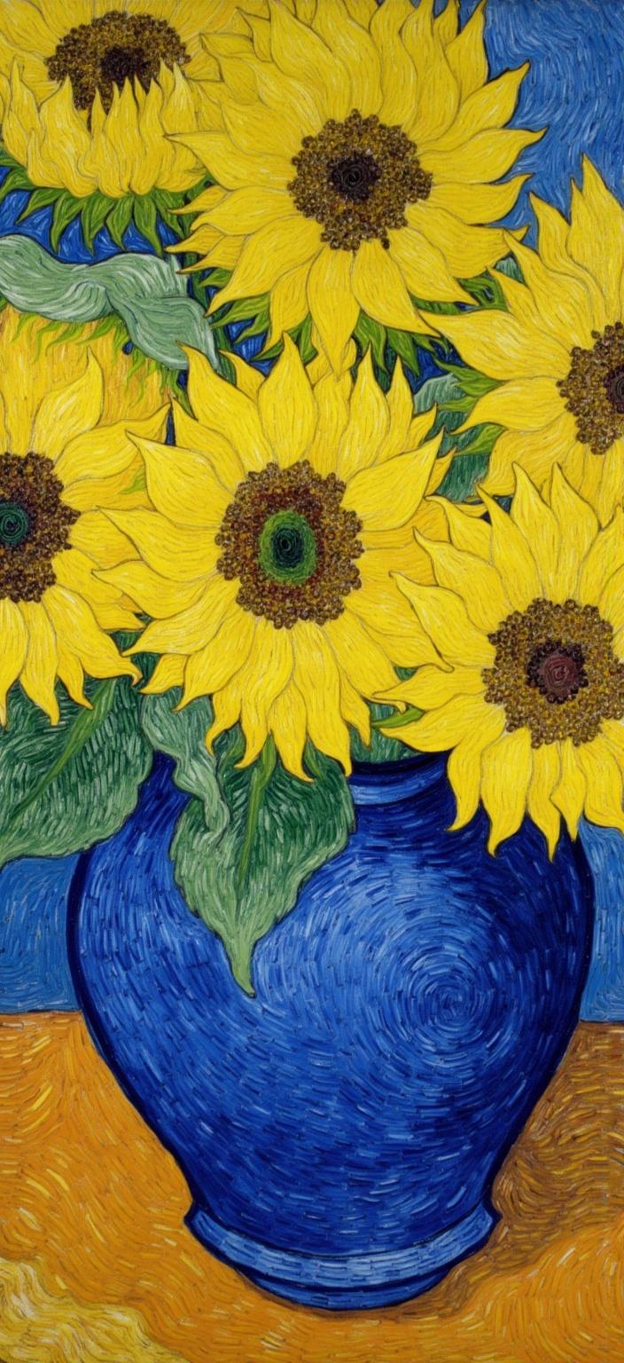 van_gogh, Enriched prompt: Create a visually striking digital painting depicting sunflowers in a blue vase, capturing the eye with intense color and dynamic brushwork. Use vivid, rich colors applied in thick, impasto layers to instill a sense of movement and emotional depth. Incorporate bold complementary color contrasts, such as deep blue for the vase and vibrant yellow for the sunflowers, to heighten the visual impact and intensity. The background should subtly echo these contrasts with hints of purple to balance and enrich the composition. The brushstrokes should be loose and energetic, swirling with curly, flame-like patterns that imbue the scene with a rhythmic, pulsating quality. Infuse the painting with raw emotion and a sense of urgency, making the artwork deeply personal yet universally compelling. Ensure the composition is centered, providing a crisp, clean look that makes it ideal for digital wallpaper.