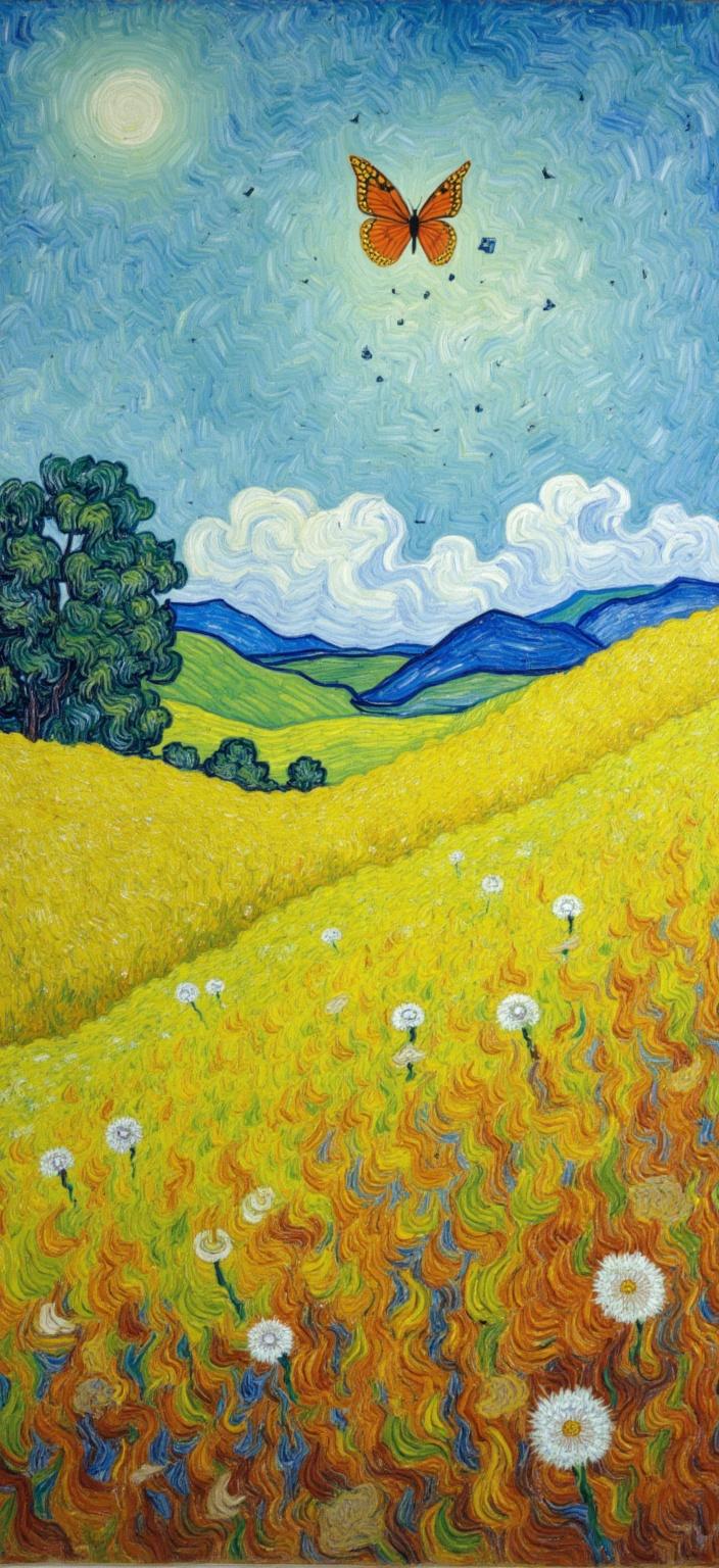 van_gogh, A captivating painting of a serene meadow enveloped in a dreamy color palette, where butterflies gracefully flutter amidst floating dandelions. This tranquil scene draws inspiration from a vibrant style characterized by intense color, dynamic brushwork, and bold, expressive compositions. The landscape is brought to life with vivid, rich colors applied in thick, impasto layers, imparting a palpable sense of movement and emotional depth. Bold complementary color contrasts, such as cobalt blue and fiery orange, or sunlit yellow and regal purple, heighten the visual impact and intensity of the scene. The brushstrokes are loose, energetic, and swirling, with curly, flame-like patterns that infuse the artwork with a rhythmic, almost pulsating quality. These dynamic, vigorous linear patterns lend a sense of motion and life to the peaceful setting, while the painting itself is infused with raw emotion and a sense of urgency, making it both deeply personal and universally compelling. The composition is centered perfectly, ensuring a crisp, clean look suitable for printing as a digital wallpaper, transforming any space with its vivid energy and serene beauty.