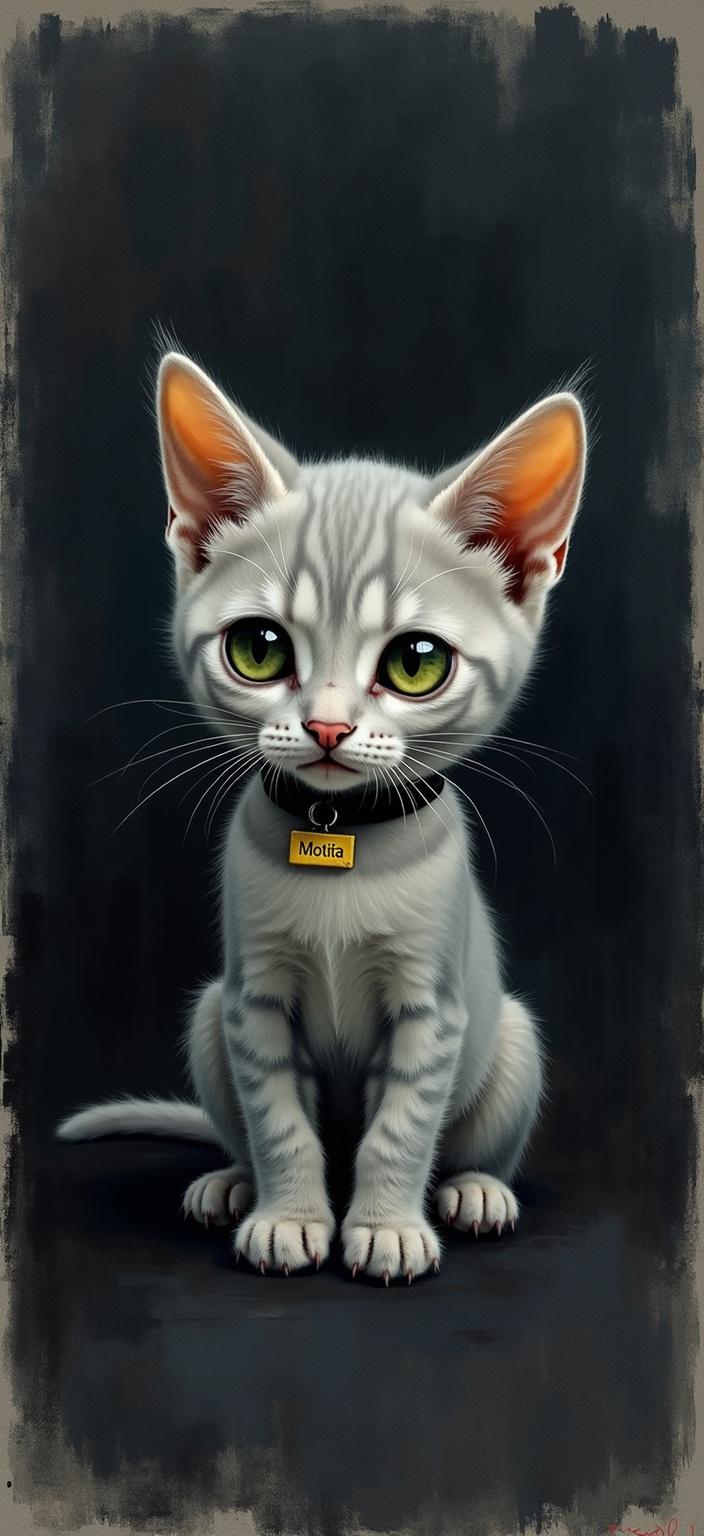 rothko, Envision a captivating digital wallpaper featuring a tender and petite gray kitten, its mesmerizing green eyes exuding innocence and curiosity. Around its neck, the kitten wears a delicate collar adorned with a small name tag inscribed with 'Motita', capturing the essence of charm and affection. The background is a symphony of dark, moody colors, masterfully painted with a technique that gives the impression of complex layering of translucent hues. This style allows light to penetrate through the pigments, creating an aura of "inner light" and remarkable luminosity. Up close, the colors appear to gently melt and fuse into one another, with blurred boundaries that suggest a seamless transition between shapes. From a distance, the scene transforms into soft-edged rectangles that float weightlessly, forming enigmatic zones of color that evoke a sense of tranquility and mystery. The richly varied surfaces are further enhanced by the unexpected directionality of paint drips and strokes, which imbue the artwork with a dynamic, unconventional vibrancy. This meticulous composition is centered to ensure a crisp, clean look, making it an ideal piece for digital wallpapers.