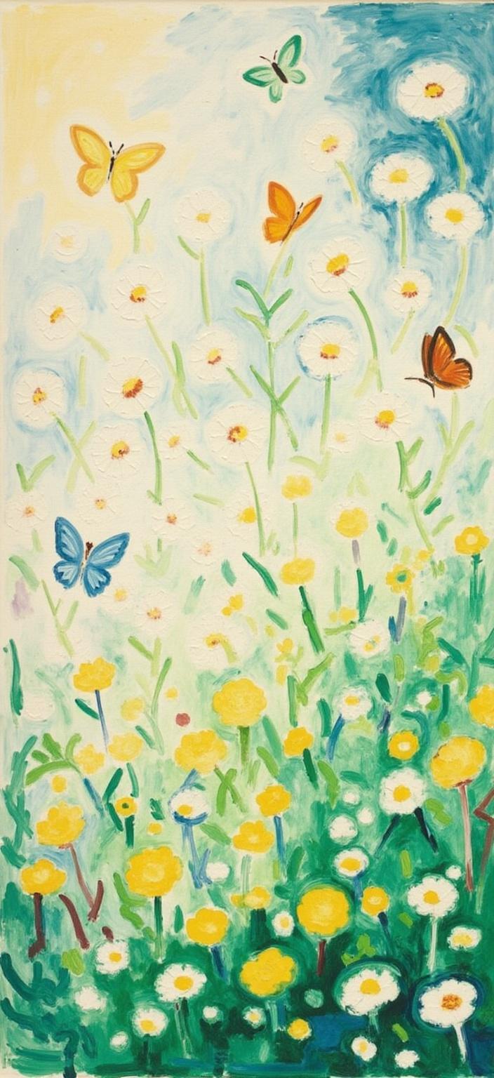 mattise_nice, Enriched prompt: Imagine a serene and enchanting scene painted in the vibrant and fluid style of Matisse's "Nice period." The canvas bursts with a dreamy color palette, capturing a soft meadow where countless butterflies flutter gently amidst the tall grasses. Dandelions, light as whispers, drift lazily through the air, each seedhead illuminated by the sun's warm embrace. The composition is centered to create a harmonious balance, making it perfect for a digital wallpaper that exudes tranquility and a touch of whimsical elegance. The interplay of colors and forms brings to life a pastoral paradise, with each brushstroke celebrating the joy and spontaneity of nature, inviting viewers into a world of delicate beauty and calm.