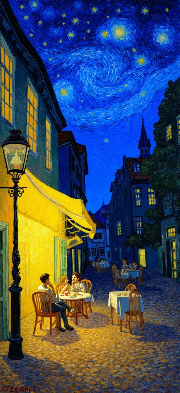 van_gogh, The painting captures a mesmerizing scene of a cafe terrace under a brilliantly starry night sky, evoking a sense of intimacy and wonder. The scene is richly adorned with intense colors and dynamic brushwork that bring an emotional depth to the atmosphere. The cafe, with its quaint charm, is illuminated by warm, inviting lights that spill onto the cobblestone pavement, casting a golden glow that contrasts vividly with the deep blue of the night.

The night sky above is a swirling tapestry of rich blues and vivid yellows, painted in thick, impasto layers that create a sense of movement and vibrancy. Stars twinkle with a pulsating quality, their energy mirrored in the curly, flame-like brushstrokes that dance across the sky. The bold complementary contrasts of orange and blue highlight the visual impact, making the scene almost come alive.

Seated at the tables are shadowy figures, softly suggested with loose, energetic strokes, their presence adding a human touch to the scene. The architectural details of the cafe, rendered with a sense of urgency, resonate with raw emotion, drawing viewers into a universal experience of nightlife wonder.

The artwork, centered with care, ensures a crisp, clean composition suitable for a digital wallpaper. The rhythmic, pulsating quality of the brushstrokes, combined with vigorous, linear patterns, infuses the painting with a unique sense of life and motion, making it both deeply personal and universally compelling—a perfect blend of beauty and emotion, ready to grace any digital space.
