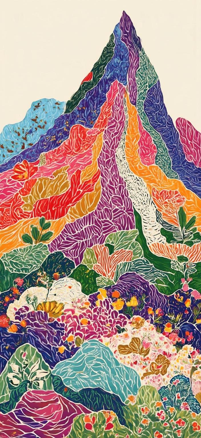colorful_illustration, Title: "Majestic Peak in Vibrant Harmony"

Enriched Description: The painting centers around a majestic mountain, its peak proudly reaching towards the sky, encapsulating a sense of serenity and awe. The mountain is portrayed with an array of vibrant and lively colors, capturing the playful and dynamic essence of a hand-drawn illustration. The slopes are adorned with whimsical organic shapes, scattered decorative elements, and an ensemble of varied leaves and floral elements, each carefully arranged to add a natural, free-flowing quality to the design. 

The background flourishes with a lavish, decorative style, where intricate compositions blend bold organic shapes with delicate, ornamental details such as dots, swirls, and abstract motifs, inspired by the richness of Scandinavian folk art and mid-century botanical prints. Luxurious layers of colors and patterns create a deep sense of movement and depth, contrasting harmoniously against the mountain's grandeur.

The entire composition is thoughtfully centered, ensuring a crisp and clean aesthetic perfect for digital wallpaper, allowing the viewer to lose themselves in the intertwined beauty of nature and art, where every detail invites closer inspection and appreciation.