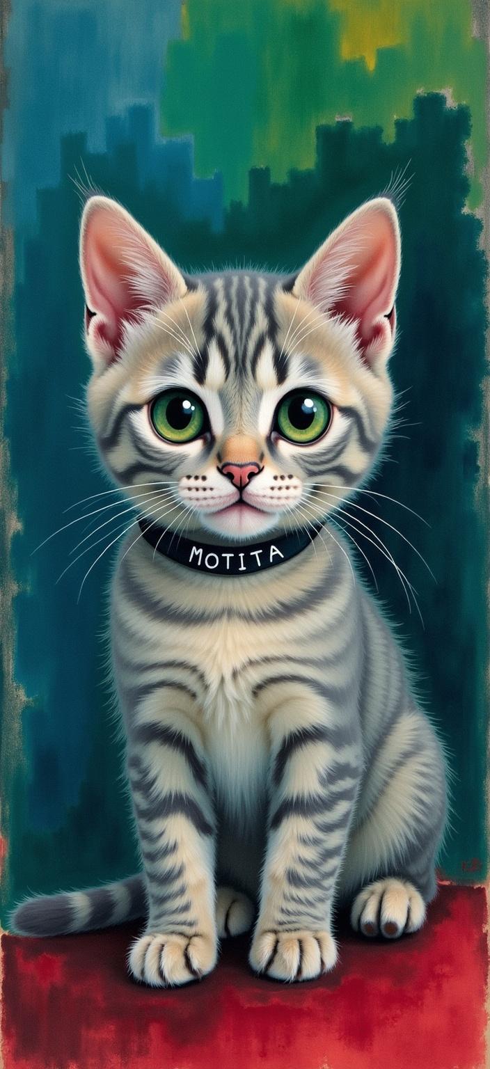 rothko, The painting captures an enchanting scene centered around a small, slightly fluffy gray kitten, exuding an aura of delicate charm. Its vivid green eyes gleam with curiosity and innocence, offering a striking contrast against its soft, muted fur. Gracefully adorning its neck is a collar, elegantly inscribed with the name "Motita," adding a personal touch to the whimsical character of the furry subject. 

The backdrop presents a captivating interplay of colors, with a rich, dark blue serving as the canvas, seamlessly blending into mesmerizing swirls of green and red. This ethereal background draws inspiration from the complex layering technique, where translucent hues allow light to gently filter through, imparting a remarkable luminosity and an almost celestial glow to the entire composition. 

From a distance, the colors coalesce into soft-edged rectangles, hovering weightlessly, creating floating zones of color that evoke a sense of tranquility and mystery. Up close, the intricate detail reveals richly varied surfaces, where paint drips and strokes defy convention, running in unconventional directions, merging and blurring the boundaries between the shapes.

This meticulously crafted artwork is designed to create a crisp and clean visual experience, making it perfect for digital wallpaper, where every delicate brushstroke and hue variation captures the viewer's attention, creating an immersive and serene atmosphere.