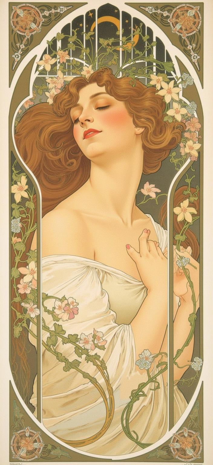 mucha, The painting captures a headshot of a beautiful young woman, her face serenely turned towards the camera. Her expression exudes a timeless beauty, characterized by graceful features and a gentle, captivating gaze. Her flowing hair cascades around her, intertwining with the elegant motifs of the background, creating a sense of unity between her and the surrounding elements.

The style draws heavily from the flowing, organic lines and intricate decorative patterns found in the Art Nouveau movement. The background is a harmonious blend of natural motifs—delicate flowers, winding vines, and celestial elements—set against a highly stylized and dreamlike backdrop. The color palette is a delicate sweep of soft pastels and ethereal hues, echoing the signature blend of Alphonse Mucha’s art.

Exuberant floral motifs weave throughout the composition, composed of sinuous vines and blooming flowers that lend a refined, ornamental quality to the image. Subtle geometric patterns interlace to enhance the dreamlike aura, creating a romantic aesthetic that merges fine art with exquisite design.

Enclosing the entire scene is an elaborate ornamental frame inspired by a grand Gothic window. Its sweeping curves and detailed embellishments are adorned with organic patterns, flowers, and celestial symbols, serving not only as a visual unifier but also as a gateway into a poetic realm where nature and human emotion intertwine harmoniously.

This painting, centered and meticulously composed, is perfect for a digital wallpaper, offering a crisp, clean look suitable for display, evoking the serene beauty and rich artistry reminiscent of a bygone era.