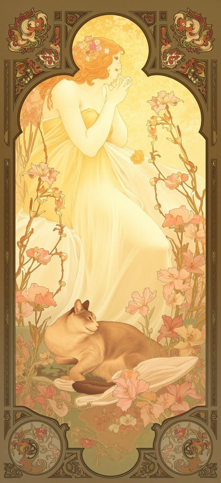 mucha, In this stunning digital wallpaper, an elegant chiller cat is basking in the warm embrace of sunlight, a scene that epitomizes serene luxury and quiet grace. The feline reclines with poise, its sleek form expertly rendered against a backdrop that draws heavy inspiration from the Art Nouveau style, particularly echoing the works of Alphonse Mucha. The cat's fur glistens softly in the sunlight, with subtle hints of coloration that capture the eye and hint at its regal nature.

Around the lounging feline, flowing, organic lines form intricate decorative patterns. Vines wend their way through the scene, creating a sense of movement and life, while clusters of blooming flowers add bursts of delicate color—soft pastels that speak to the harmony of the setting. Celestial elements, such as subtle stars and crescents, intermingle with the natural motifs, hinting at a cosmic connection, timeless and eternal.

The background is a dreamscape of stylized, romantic aesthetics, where nature's beauty is both forefront and background, intertwined with fine art and design elements. Mucha’s influence is undeniable, as the composition weaves delicate colors with exuberant floral motifs, creating an environment both grounded in reality and elevated by imagination.

The entire scene is encapsulated within an elaborate ornamental frame, a nod to grand Gothic windows. This frame features sweeping curves and detailed embellishments—organic patterns, vines, flowers, and celestial symbols—that not only unify the artwork but serve as a threshold into this dreamlike realm. It is a poetic harmony of nature and emotion, an immersive experience that invites the viewer to linger and explore the intricate beauty within the scene.

This digital wallpaper is meticulously designed to ensure a crisp, clean look, perfect for enhancing any digital display with its enchanting and ornate charm.