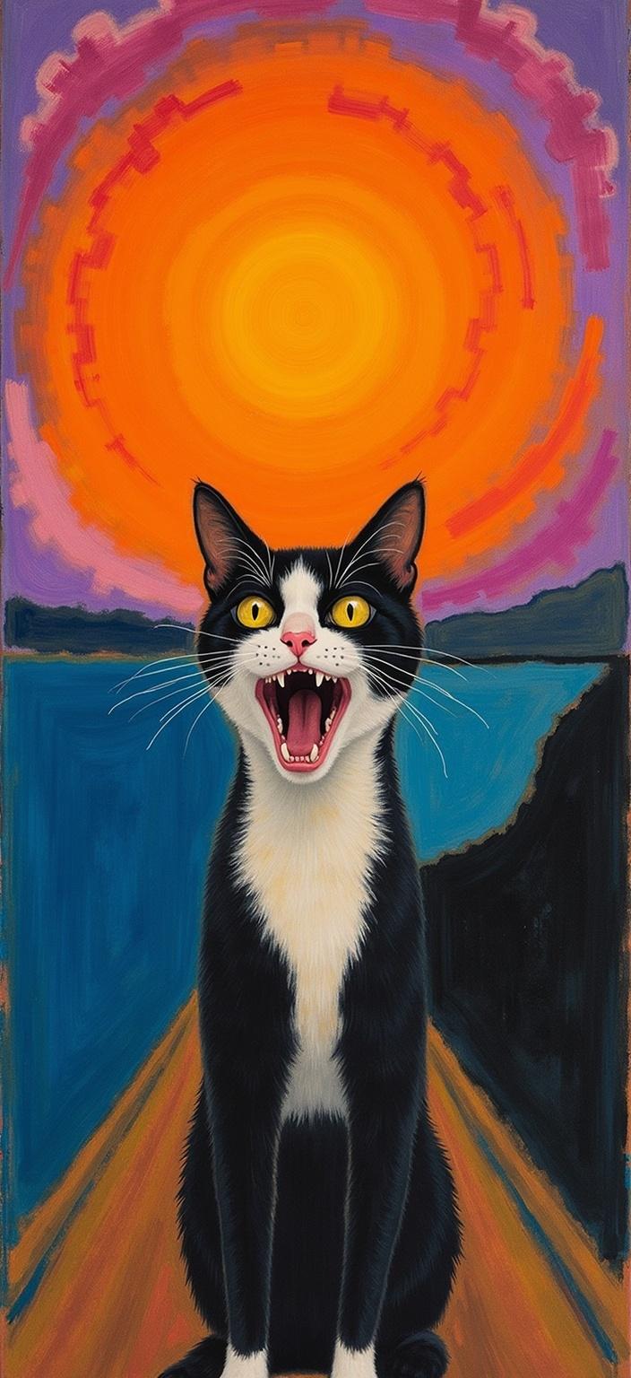 rothko, A captivating and surreal painting of a surprised, wide-eyed cat standing on a bridge, rendered in a style that draws inspiration from both Edvard Munch’s ‘The Scream’ and the complex layering techniques of abstract expressionism. The front view of the cat is central to the composition, exhibiting an exaggerated expression with its mouth open in a dramatic scream. The scene is set against a swirling sunset sky, bathed in vibrant hues of orange, purple, and blue, created using expressive brush strokes that convey a sense of movement and emotional intensity. The sky and cat are unified through a technique of translucent color layering, allowing an "inner light" to emanate from the painting, creating a remarkable luminosity. The colors seamlessly melt and fuse together, their blurred boundaries and soft-edged forms achieving an ethereal, floating appearance. Paint drips and unconventional strokes add a dynamic texture to the scene, enhancing the dramatic, surreal, and humorous atmosphere. This image, with its richly varied surfaces, ensures a crisp, clean look, perfectly suited for a digital wallpaper, providing a visually stunning and intriguing backdrop.