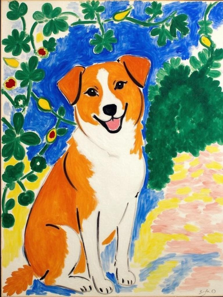 mattise_nice, Enriched prompt: 

Imagine a vivid painting that captures the essence of joy through the depiction of a smiling dog, inspired by the "Matisse in Nice" style. The dog, a delightful subject, exudes warmth and happiness, its eyes sparkling with playful mischief set against a vibrant backdrop. Incorporating the lush colors and bold patterns reminiscent of Henri Matisse's time in Nice, the composition marries rich blues, lively greens, and warm yellows that dance across the canvas. The environment around the dog is subtly abstract yet inviting, with hints of Mediterranean influence—perhaps a glimpse of sun-dappled gardens or a suggestion of coastal breezes. The painting is centered perfectly, ensuring a harmonious balance and a clean, polished look, ideal for transforming into captivating wall art that brings light and cheer to any space.