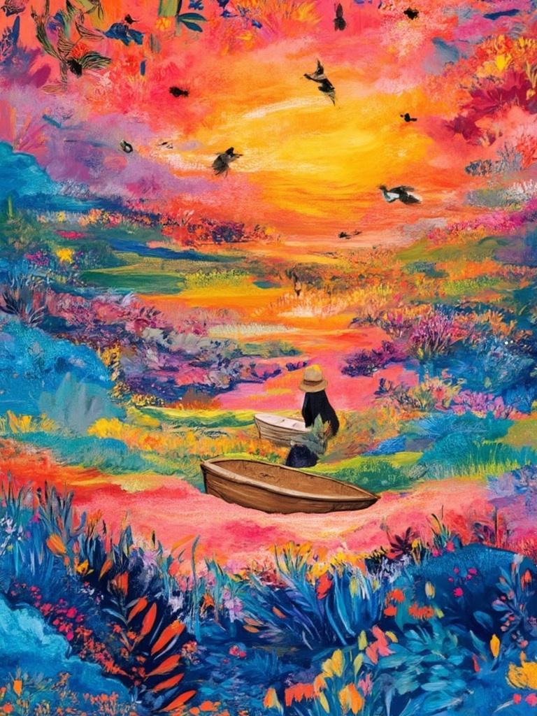 colorful_illustration, Enriched prompt: Imagine a small rowboat gently drifting through undulating waves under a mesmerizing sunset, captured from behind. The solitary figure, a man wearing a simple straw hat, sits calmly, embodying a sense of tranquility and solitude against the vibrant backdrop. The scene is bathed in a symphony of colors, where the fiery oranges and soft purples of the setting sun blend seamlessly with the azure waves, creating a dynamic and vibrant illustration. The artwork draws inspiration from a playful, hand-drawn style, with every brushstroke radiating energy and movement.

In the background, the horizon is adorned with organic shapes, seamlessly integrating harmonized leaves and floral elements that complement the scene, adding a lush, natural aesthetic. The decorative elements, meticulously placed and varied in form, range from swirling patterns to intricate dots and abstract motifs, reminiscent of the lavish, decorative style found in Scandinavian folk art and mid-century botanical prints. These details, layered luxuriously, create a profound sense of depth and movement, inviting viewers to lose themselves in the intricate composition.

This artwork, with its bold organic shapes and delicate touches, is designed to be the perfect digital wallpaper—a masterpiece that transforms any space with its crisp, clean, and captivating design. The harmonious play of colors and patterns ensures that the image not only captivates the eye but also evokes a sense of serene beauty and dynamic energy, making it a striking visual centerpiece.