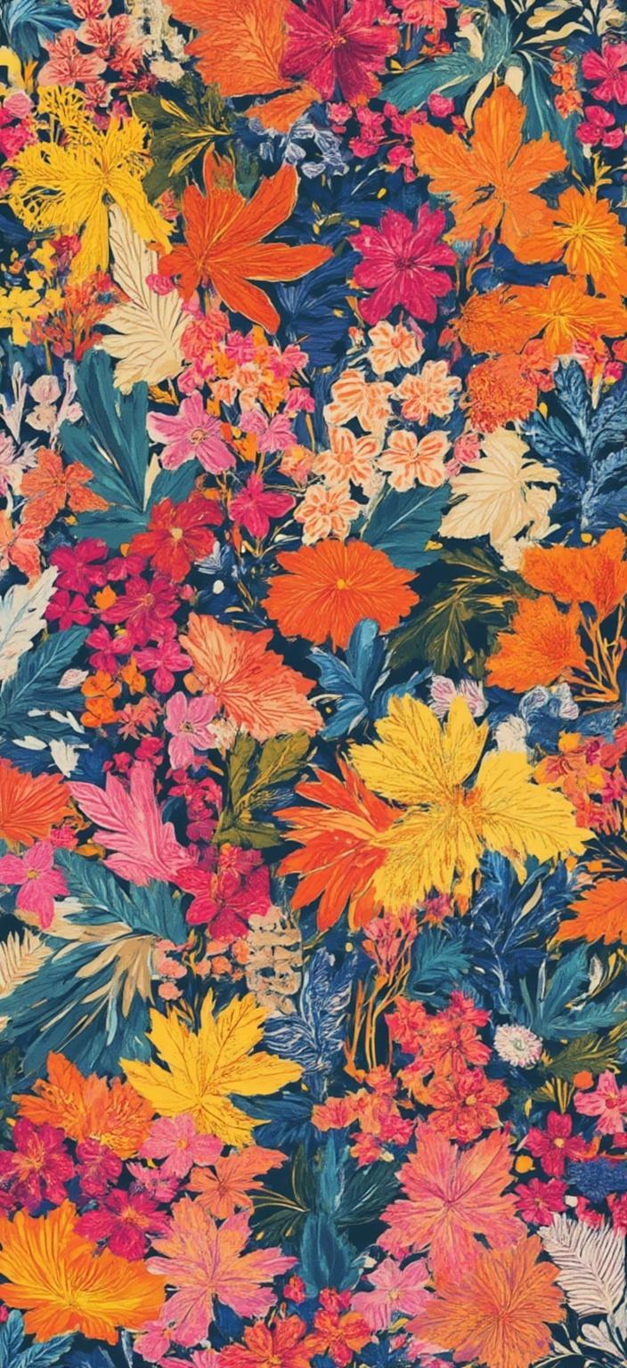 colorful_illustration, A captivating vintage botanical drawing unfolds across the canvas, meticulously depicting a variety of lush plants in vibrant, vivacious hues. Each plant is rendered with a playful, hand-drawn authenticity, echoing the dynamic spirit of a lively garden in full bloom. This enchanting composition draws inspiration from the lavish and decorative style of Scandinavian folk art and mid-century botanical prints, blending bold organic shapes with intricate and delicate details.

The background is adorned with a tapestry of organic shapes that seamlessly intertwine with scattered decorative elements such as whimsical dots, swirling patterns, and abstract motifs. This rich embellishment adds a luxurious layering of colors and patterns, creating a mesmerizing sense of depth and movement.

Radiating from the center, the canvas features a harmonious arrangement of leaves and floral elements, their graceful forms suggesting a natural, free-flowing quality. The lush foliage and blossoming flowers are exquisitely detailed, each petal and leaf meticulously illustrated to capture the essence of their natural beauty.

The overall composition is carefully centered, ensuring a crisp, clean look that is perfect for printing as a digital wallpaper. This vivid artwork promises to transform any space, infusing it with a burst of life and color, inviting viewers to lose themselves in the dynamic and enchanting world of vintage botanical art.