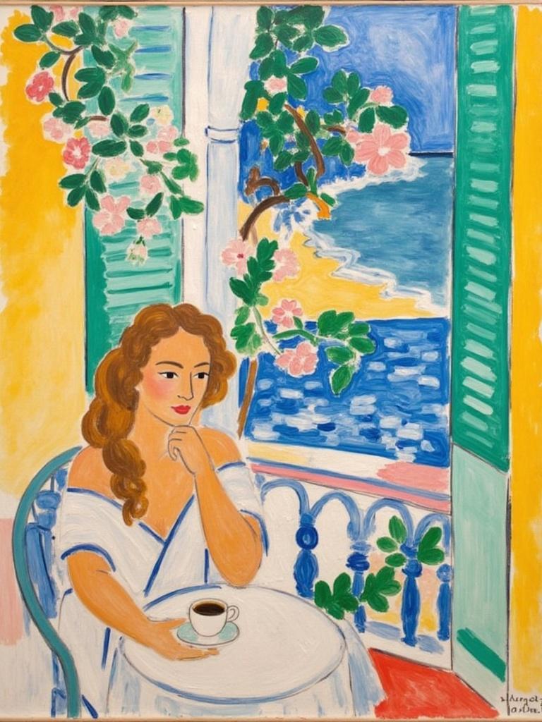 mattise_nice, In a vibrant, sunlit scene that resonates with the charm and sophistication of Henri Matisse's "Nice" period, a captivating painting unfolds, encapsulating a moment of serene beauty and leisure. At its core is a young woman, exuding grace and poise, her long blonde hair cascading in gentle waves that catch the golden sunlight. She is seated at a quaint café table, embodying an air of elegance as she delicately holds an exquisite cup of coffee, inviting the viewer to share in a quiet moment of reflection. Behind her, a beautifully ornate balcony opens up to the lively yet tranquil world beyond, the classic iron railings framing a view bathed in the luminous French Riviera morning light. The palette is a harmonious symphony of lively and warm colors—vibrant oranges, soothing blues, and radiant yellows—encapsulating both the vivacity and tranquility of the coastal ambiance. The painting draws inspiration from Matisse's signature style, with expressive brushstrokes and a keen eye for detail. The overall composition is meticulously balanced and inviting, centered with precision to ensure a crisp, clean aesthetic. This makes it an ideal centerpiece for digital wallpaper, set to infuse any space with a timeless elegance and warmth, reminiscent of the serene leisure of the Riviera.