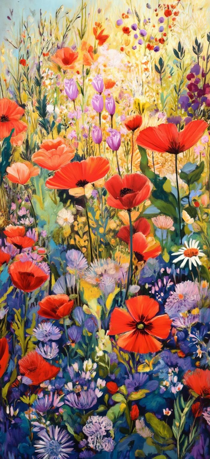 colorful_illustration, In this vibrant and playful illustration, imagine a sprawling field of mixed wildflowers in full, glorious bloom. The canvas is teeming with poppies, their rich reds standing out boldly, interspersed with delicate white daisies and clusters of enchanting bluebells, each flower swaying gracefully in a gentle breeze. The scene is captured from a low angle, allowing sunlight to dramatically flare through the tangle of stems and leaves, casting a warm, golden glow and adding depth to the composition.

The painting draws inspiration from a colorful, dynamic style with a distinct hand-drawn feel. The background is a lively tapestry of organic shapes, adorned with scattered decorative elements that mimic the natural flow of the field. Various floral and leaf motifs are harmoniously arranged, evoking a sense of freedom and spontaneity that is characteristic of nature itself.

Luxuriously layered colors and patterns create a captivating depth and movement across the canvas. The intricate composition blends bold organic shapes with delicate detailing, featuring ornamental features like dots, swirls, and abstract motifs, all contributing to the lavish aesthetic. This artistic style draws upon the lush, decorative qualities reminiscent of Scandinavian folk art and mid-century botanical prints.

Perfectly centered, this image is designed as a digital wallpaper, ensuring a crisp and clean look that is elegantly suited for display, whether on a screen or in print.