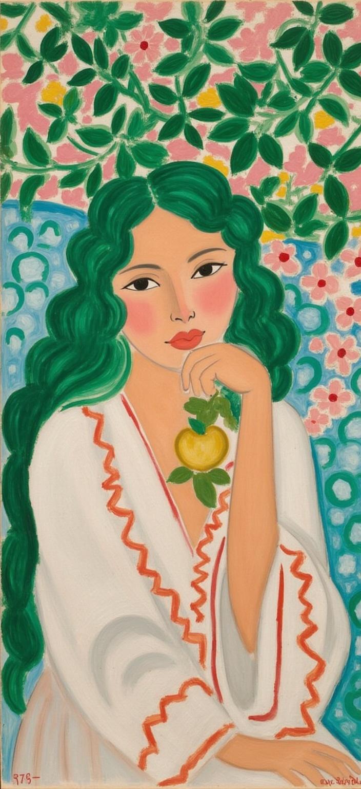 mattise_nice, A captivating digital wallpaper centered around a mystical scene inspired by the Matisse-in-Nice style. The painting features a girl with vivid green hair, her half-lidded eyes exuding a dreamy allure as she gently holds and gazes at a shimmering golden apple. Her expression is serene yet enigmatic, drawing the viewer into her world. The background is a lush, vibrant tapestry of trees and an array of delicate flowers, depicted in bold colors and simplified forms typical of Matisse's work, creating a harmonious and joyful setting. The overall composition is balanced and elegant, with a focus on fluid lines and expressive use of color, making it a visually striking piece perfect for a digital wallpaper.