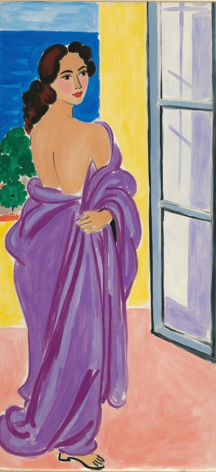 mattise_nice, A vibrant and captivating painting featuring a woman elegantly draped in a flowing purple robe, standing by a sunlit window. The scene is inspired by the "Matisse in Nice" style, characterized by bold colors, simplified forms, and a sense of relaxed luxury. The woman's robe, in rich shades of purple, cascades gracefully around her, creating a striking contrast against the soft, warm tones of the sunlit room. Her serene expression and gentle posture convey a sense of calm and introspection, enhancing the tranquility of the scene. The window, framed by delicate draperies, opens to a glimpse of the bright, azure sky and lush greenery, characteristic of the French Riviera—a recurring element in Matisse's works. The painting is centered perfectly to ensure a crisp, clean look, making it an ideal digital wallpaper that brings a touch of elegance and sophistication to any space.