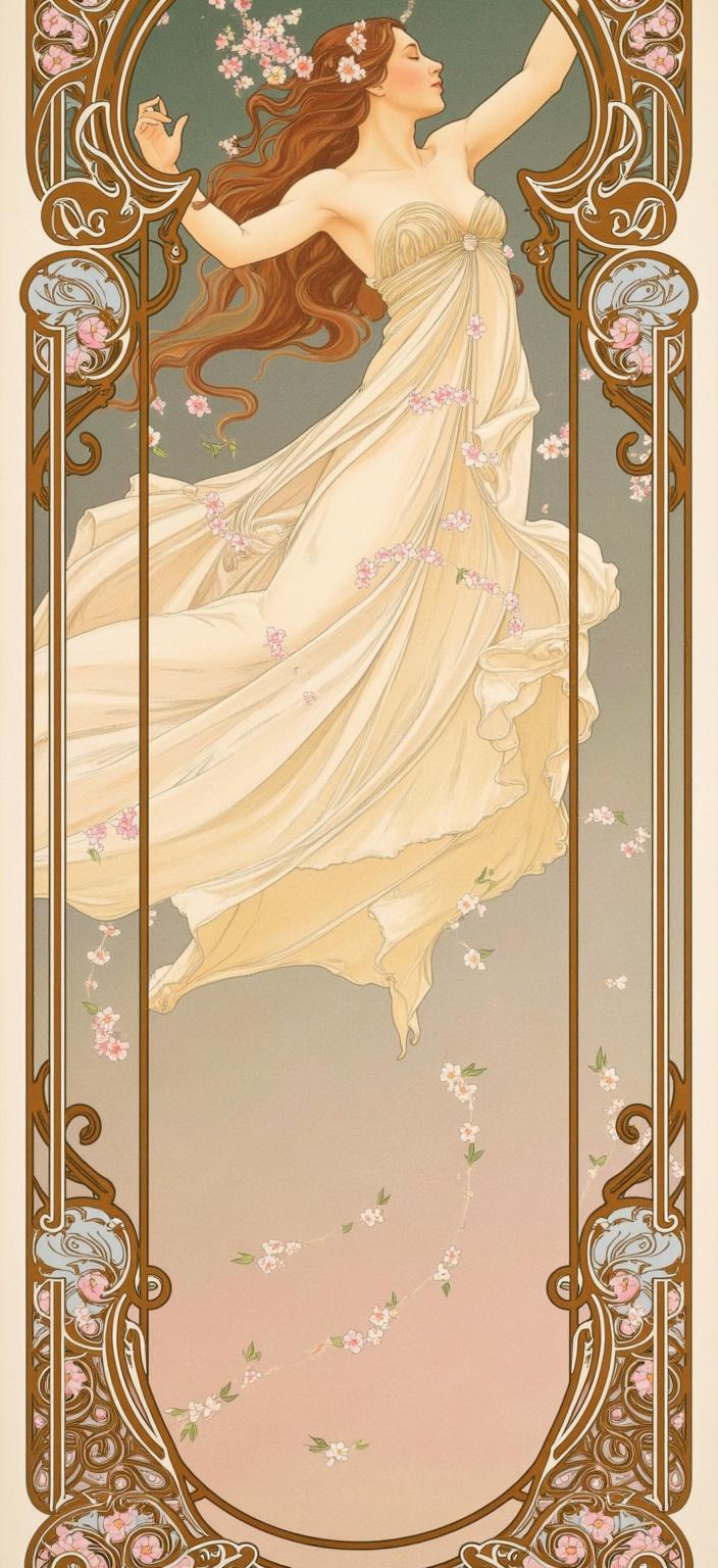 mucha, Title: "Ethereal Dance of the Fairy"

Description: In this enchanting digital painting, a fairy is captured in a ballet-like pose midair, her delicate wings caught in a mesmerizing spiral of cherry blossom petals. The composition draws inspiration from the flowing, organic lines and intricate decorative patterns reminiscent of Mucha’s iconic style. The fairy’s flowing robes gracefully blend into a swirling wind of cherry blossoms, creating a seamless transition between the ethereal figure and her surrounding environment.

The painting is set against a highly stylized background, rich with dreamlike, romantic aesthetics that merge fine art with ornate design. The scene is brought to life through a harmonious blend of natural motifs, including sinuous vines, blooming flowers, and subtle celestial elements, all enveloped in a symphony of delicate colors. The depiction of vines and flowers entwines elegantly with subtle geometric patterns, enhancing the composition with a refined, ornamental quality that invites the viewer into a world where nature and emotion coexist in perfect harmony.

The entire scene is enclosed within an elaborate ornamental frame, inspired by grand Gothic windows. This intricate border is adorned with sweeping curves and detailed embellishments, featuring organic patterns, flowers, and celestial symbols. The frame serves as both a visual unifier and a gateway into a dreamlike realm, providing a crisp, clean look perfectly suited for digital wallpaper. This exquisite composition captures the essence of Mucha’s style, celebrating the intersection of art, nature, and the whimsical beauty of a fairy's dance amidst a cascade of cherry blossoms.