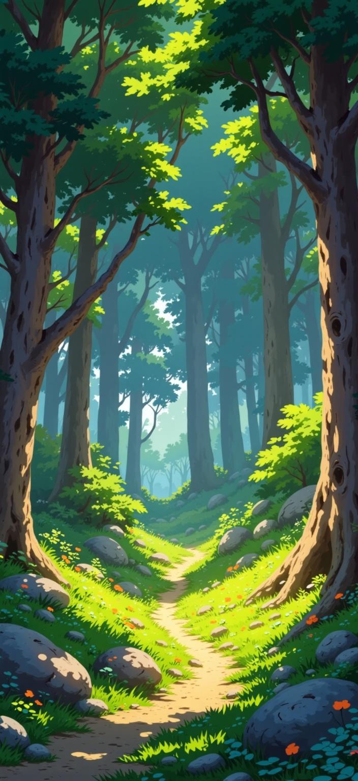 ghibli_illustration, In this enchanting digital wallpaper, envision a mesmerizing magical forest painted in a style reminiscent of hand-drawn animation, where richly detailed backgrounds breathe life into the scene. The forest is alive with tiny spirits, each exuding expressive character designs that evoke a sense of whimsy and joy. The harmonious blend of bright colors and soft, painterly textures creates a cozy and inviting mood, drawing viewers into a world of wonder.

The forest is bathed in warm, natural lighting, casting gentle, dappled shadows that dance across the vibrant foliage. The palette is vivid yet slightly muted, maintaining a dreamy, nostalgic quality that invites reflection and exploration. The scene is filled with everyday objects and textures, meticulously rendered to make each element feel tangible and lived-in, from the bark of the trees to the delicate undergrowth.

At the heart of the composition, the tiny spirits are beautifully proportioned and clearly visible, their organic movements captured with subtle imperfections that add to their charm. The forest itself feels alive, with richly detailed backgrounds that envelop the spirits in a lush, magical embrace. This wallpaper not only captures the imagination but also provides a serene and captivating view, perfect for transforming any digital device into a portal to this nostalgic, dreamlike realm.