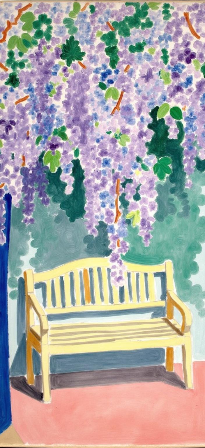mattise_nice, A radiant and serene digital wallpaper featuring a lush, cascading display of blossoming wisteria delicately hanging over a tranquil garden bench. This scene captures the essence of vintage Japanese style with its gentle nods to traditional elegance and simplicity. The wisteria, in full bloom, showcases a palette of soft lavenders, muted purples, and gentle blues, each petal meticulously detailed and radiating a serene beauty. The garden bench, crafted from elegantly aged wood, rests invitingly beneath the floral canopy, hinting at stories untold and moments of quiet reflection.

The painting draws inspiration from the "Matisse in Nice" style, infusing the composition with vibrant yet harmonious colors and fluid lines that convey a sense of lightness and joy. The use of bold, expressive brushstrokes adds a playful sophistication, while the juxtaposition of shapes and colors evokes a sense of spontaneity and freedom so characteristic of Matisse's work.

This digital masterpiece is centered perfectly, ensuring a crisp and clean aesthetic that is ideal for printing as wallpaper. The balance of the composition provides a serene focal point, enhancing any space with a touch of tranquil beauty and artistic flair.