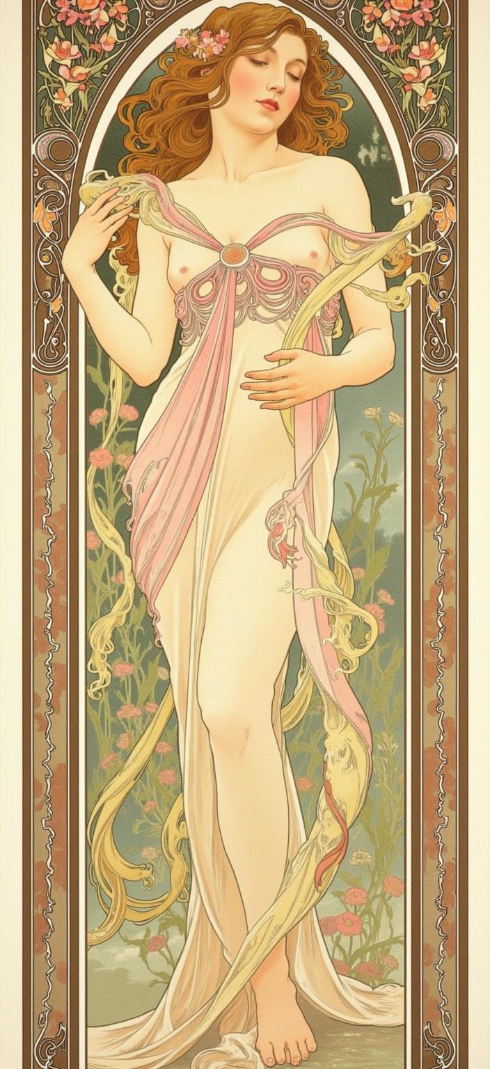 mucha, Title: "Ethereal Harmony - A Tribute to Helo"

Description:

This digital artwork captures the essence of "Helo" in a captivating and dreamlike manner. The composition is a celebration of flowing organic lines and intricate decorative patterns that weave seamlessly through the scene, drawing inspiration from the Art Nouveau style, reminiscent of Alphonse Mucha's masterpieces.

At the heart of the image, "Helo" stands gracefully, enveloped in an aura of tranquility and elegance. Her attire is adorned with intricate floral motifs and celestial symbols, echoing the beauty of nature and the cosmos. Her presence is serene, embodying a sense of timeless grace and mystery.

The background is a tapestry of stylized elements, harmoniously blending fine art with design. Sinuous vines, flourishing flowers, and delicate geometric patterns dance across the canvas, creating a sense of movement and life. The colors are a symphony of soft pastels, reflecting the quiet beauty of dawn or the gentle hues of a twilight sky.

An elaborate ornamental frame surrounds the entire scene, serving as both a visual unifier and a portal into this dreamlike realm. Its sweeping curves and detailed embellishments, reminiscent of a grand Gothic window, are adorned with organic patterns, flowers, and celestial symbols. This intricate border not only enhances the composition but also invites the viewer into a world where nature and human emotion intertwine in poetic harmony.

This digital wallpaper, with its rich details and harmonious composition, is designed to be the perfect piece of art for printing, bringing a touch of elegance and romanticism to any digital space. The image is centered, ensuring a crisp, clean look that captures the viewer's attention and allows them to immerse fully in the enchanting world of "Helo."