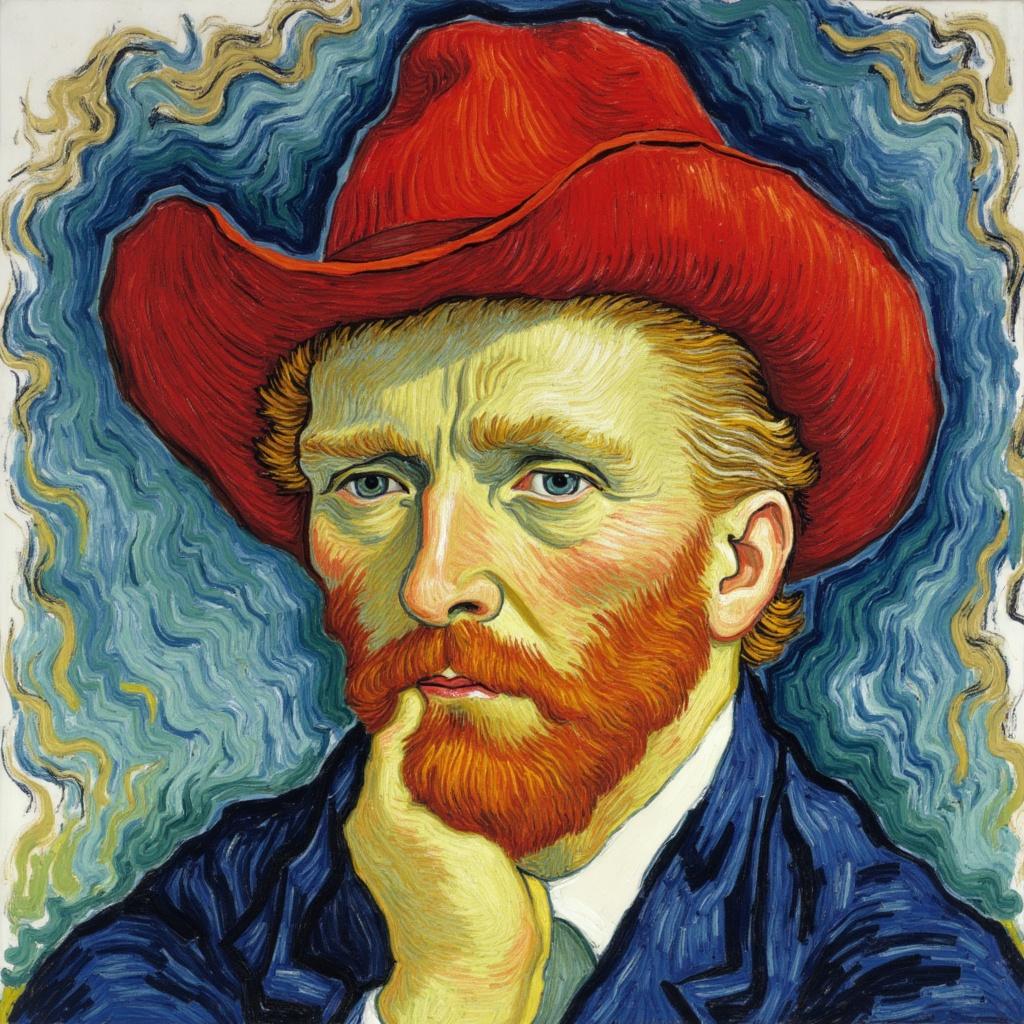van_gogh, Create a captivating wall-art piece featuring a striking portrait of Donald Trump, prominently wearing a red hat. This artwork should be infused with the dynamic energy and vibrant intensity characteristic of the specified style. The composition will showcase intense color with dynamic brushwork, incorporating vivid, rich colors applied in thick, impasto layers to create a profound sense of movement and emotional depth. Bold complementary color contrasts, like blue and orange or yellow and purple, will heighten the visual impact and intensity of the piece.

The brushstrokes should be loose, energetic, and often swirling, forming curly, flame-like patterns that convey a rhythmic, almost pulsating quality. This dynamic touch should be combined with vigorous, linear patterns, resulting in a unique sense of motion and life, capturing both the immediate energy and raw emotion of the subject. The artwork will convey a sense of urgency, making the portrayal both deeply personal and universally compelling. Center the composition to ensure a crisp, clean look that is perfectly suited for printing and displaying as wall art.
