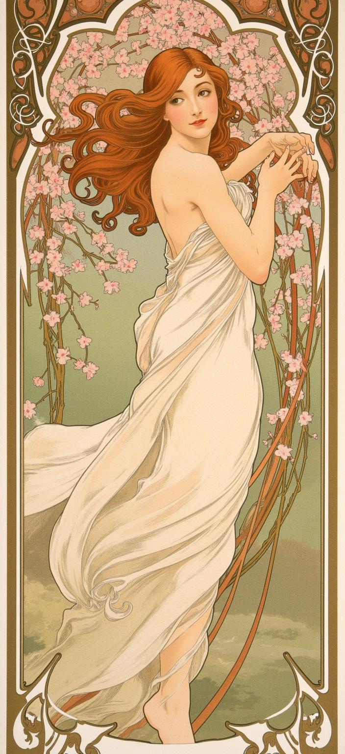 mucha, In a captivating Art Nouveau style, a graceful fairy with cascading auburn hair stands centered beneath a canopy of blooming cherry blossoms. Her ethereal presence is accentuated by a gown crafted from layers of delicate petals, creating an almost celestial garment that mirrors the natural elegance surrounding her. Vines, adorned with tiny flowers, wrap lovingly around her arms, complementing the serene yet lively atmosphere of the scene. The background features flowing, organic lines and intricate decorative patterns that weave together, forming a harmonious blend of natural motifs. 

Set against a highly stylized backdrop, the scene exudes a dreamlike, romantic aesthetic. It's a dance of fine art and design, enriched with a palette of delicate colors reminiscent of Mucha’s masterpieces. Exuberant floral motifs interlace with sinuous vines and subtle geometric patterns, all contributing to the composition's refined, ornamental quality. 

Encircling the entire image is a stylized Art Nouveau frame. This elegant border, reminiscent of a grand Gothic window, is embellished with sweeping curves, detailed gold filigree, and intricate embellishments. Adorned with organic patterns, flowers, and celestial symbols, the frame serves as both a visual unifier and a gateway into a dreamlike realm. Here, nature and human emotion intertwine in poetic harmony, making the digital wallpaper an exquisite piece suitable for any space that seeks to evoke an aura of timeless beauty and enchantment.