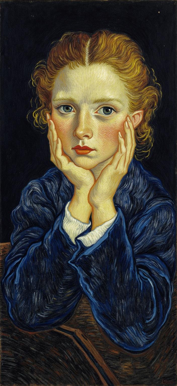 van_gogh, A striking portrait of a young girl emerges from a dark background, capturing the viewer's attention with an intense and evocative headshot. The painting draws inspiration from a style characterized by intense color, dynamic brushwork, and bold, expressive compositions. The artist employs vivid, rich colors in thick, impasto layers, creating a vibrant tableau that conveys a sense of movement and emotional depth. Bold complementary color contrasts, such as blue and orange or yellow and purple, are masterfully used to heighten the visual impact and intensity of the piece.

The girl's features are rendered with loose, energetic brushstrokes that ripple across the canvas, forming curly, flame-like patterns that imbue the portrait with a rhythmic, almost pulsating quality. This approach, combined with vigorous, linear patterns, breathes life into the image, suggesting motion and vitality within the confines of a static medium. The painting is infused with raw emotion and a sense of urgency, making it a deeply personal yet universally compelling work of art.

Meticulously centered, this dynamic composition is ideal for digital wallpaper, ensuring a crisp and clean look that accentuates the dramatic interplay of color and form on any screen.