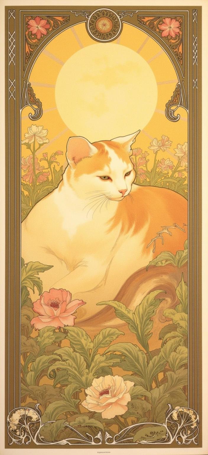 mucha, The painting features a serene scene of a cute chiller cat basking in the sunlight, embodying tranquility and relaxation. The cat, with its fur glistening softly in the golden sunshine, is at the center of the composition, nestled comfortably amidst a lush garden setting. Delicate flowers and sinuous vines surround the feline, their intricate details meticulously rendered to create a harmonious blend of natural motifs that envelop the viewer in a dreamlike atmosphere.

The entire scene is framed in the style reminiscent of Alphonse Mucha, characterized by flowing, organic lines and intricate decorative patterns. The background is a tapestry of stylized floral designs and celestial symbols, imbuing the painting with a romantic and poetic charm. The color palette is soft and delicate, with warm hues that enhance the serene ambiance of the piece.

Encircling this idyllic vision is an elaborate ornamental frame, its sweeping curves and detailed embellishments reminiscent of a grand Gothic window. This intricate border, adorned with organic patterns, flowers, and celestial symbols, acts as a visual gateway into a peaceful realm where nature and tranquility merge seamlessly. The painting is designed for digital wallpaper, ensuring a crisp and clean look that enhances any digital device with its enchanting and refined composition.