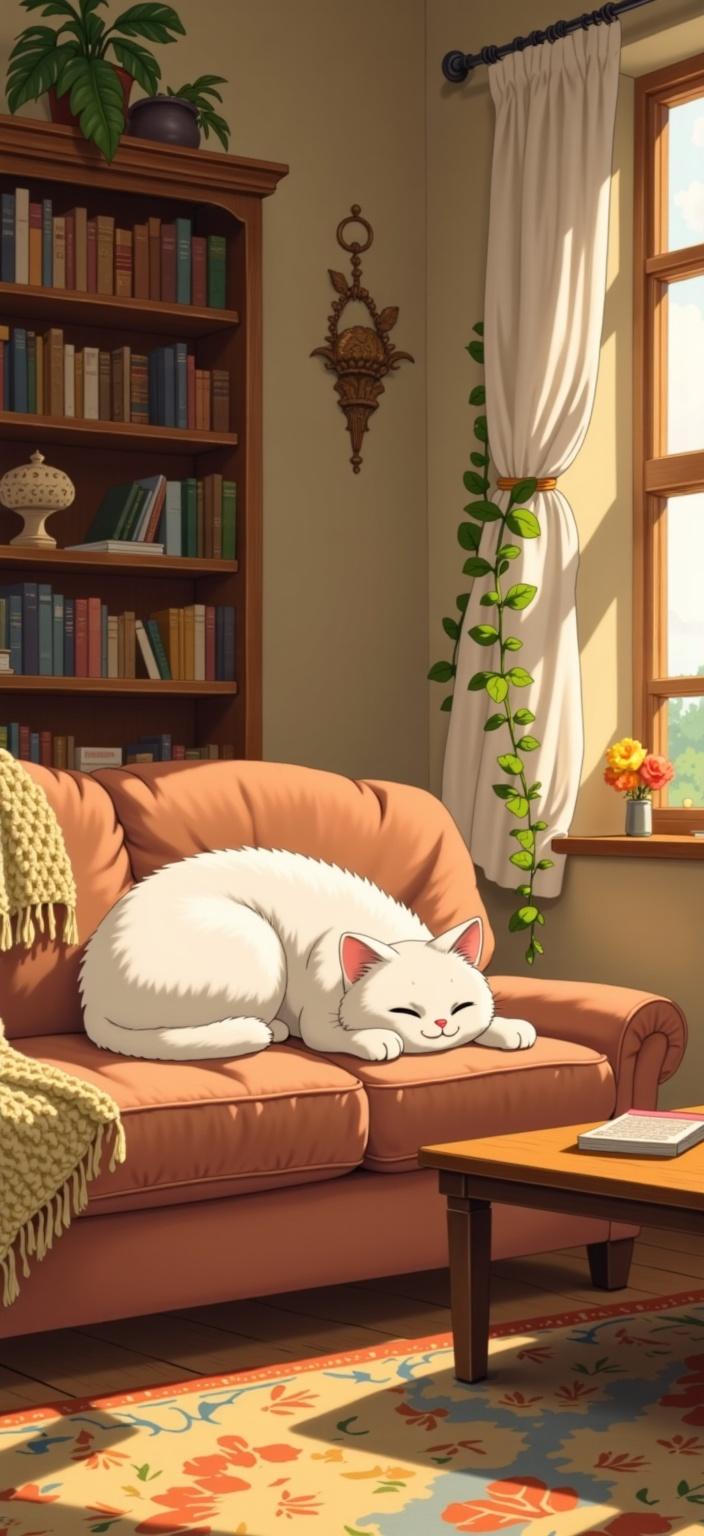 ghibli_illustration, In the heart of a cozy living room, a cute cat is elegantly sprawled on a plush, inviting couch. The cat’s fur is meticulously detailed, each strand lovingly rendered to capture its softness and warmth. The feline's expressive eyes are wide with contentment, drawing the viewer into its tranquil world. Surrounding the cat, the room is alive with a rich tapestry of textures and objects – a hand-knit throw draped over the couch's arm, a stack of well-loved books on a nearby wooden coffee table, and a softly flickering candle casting gentle shadows against the walls.

The painting is reminiscent of a hand-drawn animation, imbued with richly detailed backgrounds and expressive character designs. It bursts with bright but slightly muted colors, enhancing the whimsical and joyful aesthetic. Soft, painterly textures and pencil sketches invoke a hand-drawn feel, complete with subtle imperfections that add organic movement. Warm, natural lighting spills across the scene, creating a cozy, inviting mood. The nostalgic, dreamlike quality is enhanced by the lived-in details of the room, each element carefully rendered to feel tangible and comforting.

The composition is centered to create a crisp, clean look, ensuring it's perfectly suited for digital wallpaper. Every element is proportionate and clearly visible, making the scene not only a feast for the eyes but also a warm embrace for the soul.