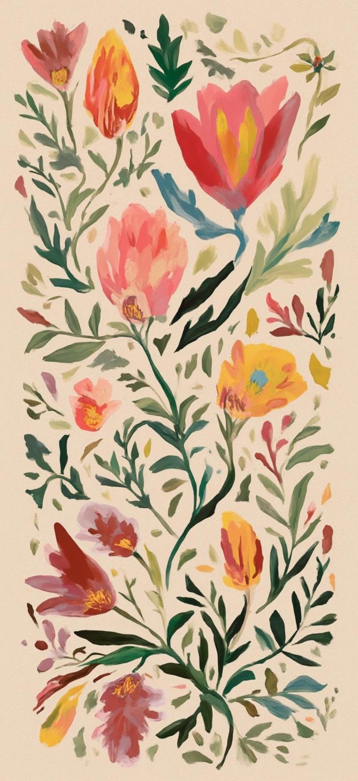 colorful_illustration, Enriched prompt: The painting features a central composition of magnolia blossoms gracefully perched on a slender, delicate branch against a light beige background. The artwork is inspired by a vibrant and colorful illustration style, exuding a playful and dynamic hand-drawn feel. The background is adorned with organic shapes that seamlessly integrate with scattered decorative elements, creating a harmonious blend of various leaves and floral motifs across the canvas. These elements contribute a natural, free-flowing quality to the design, echoing the lavish and decorative style of mid-century botanical prints. Intricate compositions blend bold organic shapes with delicate details like dots, swirls, and abstract motifs, utilizing a luxurious layering of colors and patterns to convey a sense of depth and movement. The radial floral patterns and ornamental features are reminiscent of Scandinavian folk art, embodying a harmonious, hand-drawn aesthetic. This centered and elegant design ensures a crisp, clean look, perfect for a digital wallpaper.
