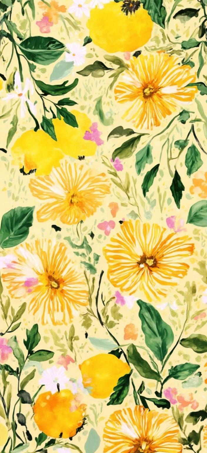 colorful_illustration, The painting features an enchanting array of watercolor lemons interwoven with delicate blossoms, all poised gracefully against a soothing pale yellow background. The composition exudes freshness and cheerfulness, encapsulating the essence of a lively and inviting pattern. The painting draws inspiration from a vibrant and colorful illustration style, characterized by its playful and dynamic, hand-drawn feel. The background is thoughtfully adorned with organic shapes and scattered decorative elements, providing a harmonious balance that complements the central theme.

The artwork is intricately embellished with various leaves and floral elements, seamlessly arranged across the canvas. This arrangement lends a natural, free-flowing quality to the design, enhancing its visual appeal. The lavish, decorative style manifests through an intricate composition that effortlessly blends bold organic shapes with delicate details. Scattered throughout are ornamental elements like dots, swirls, and abstract motifs, adding layers of interest and sophistication.

The luxurious layering of colors and patterns creates an immersive sense of depth and movement, drawing the viewer into its vibrant world. The organic shapes and radial floral patterns evoke a harmonious, hand-drawn feel, reminiscent of Scandinavian folk art and mid-century botanical prints. This art piece is exquisitely centered to ensure a crisp, clean look, making it a perfect fit for printing onto digital wallpapers, where it can brighten and invigorate any space with its cheerful and artistic flair.
