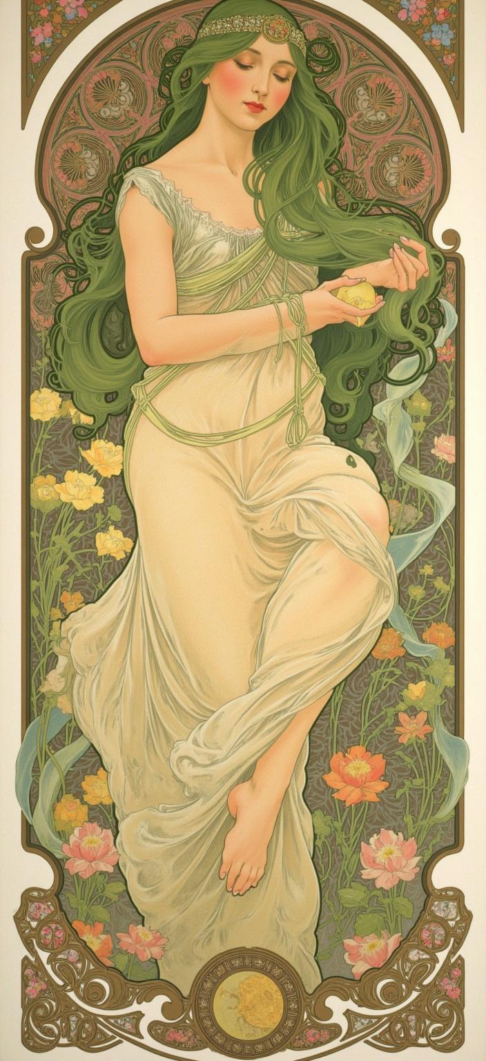 mucha, In a dreamlike, romantic painting inspired by the flowing, organic lines and intricate decorative patterns characteristic of Mucha’s style, a captivating scene unfolds. At the heart of this artwork stands a girl with mesmerizing green hair, cascading like a waterfall of emerald waves. Her half-lidded eyes exude an air of mystery and serenity as they fixate on a golden apple that she delicately cradles in her hands. The apple, shimmering with a rich golden hue, seems almost ethereal, capturing the light in a way that suggests it holds a magical secret.

Surrounding her is a lush tableau of nature and emotion, where sinuous vines weave their way through a tapestry of exuberant floral motifs. These flowers, with their vibrant, delicate petals, seem to bloom eternally, each one a burst of color and life. Scattered among them are celestial elements—tiny stars and crescent moons that add a touch of the cosmic to the terrestrial beauty.

The background, a highly stylized mosaic of soft, pastel hues, enhances the scene's dreamlike quality, drawing the viewer into a world where fantasy and emotion coexist in poetic harmony. This harmonious blend of natural motifs forms a seamless backdrop that envelops the subject in a cocoon of artistic elegance.

Framing this enchanting composition is an elaborate ornamental border, reminiscent of a grand Gothic window. Its sweeping curves and meticulous embellishments in organic patterns, flowers, and celestial symbols serve as both an anchor and a portal, inviting the viewer to step into this beautifully curated universe.

The entire image is centered in such a way that it maintains a crisp, clean look, perfectly suited for a digital wallpaper. This ensures that when it graces the screen, it does so with clarity and an aura of refined beauty, transforming the space into a sanctuary of art and tranquility.