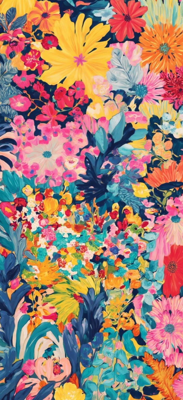 colorful_illustration, Enriched prompt: Imagine a vibrant and colorful illustration featuring a cute cat as the centerpiece. This delightful feline is playfully poised amidst a lively canvas brimming with energy and charm. The cat, with its wide, curious eyes and fluffy tail, exudes a sense of warmth and whimsy. Its fur is a riot of colors, painted in a hand-drawn feel that captures the essence of dynamic movement and joy. 

The background is a harmonious tapestry of organic shapes and scattered decorative elements, including a variety of lush leaves and floral motifs that flow naturally across the canvas. These elements are intricately composed, blending bold shapes with delicate details, like dots, swirls, and abstract motifs, creating a lavish and decorative style. The luxurious layering of colors and patterns infuses the scene with depth and movement, with radial floral patterns reminiscent of Scandinavian folk art and mid-century botanical prints enhancing the hand-drawn, spirited feel.

This captivating composition is centered perfectly, ensuring a crisp and clean look suitable for printing onto digital wallpaper, transforming any space with its lively and joyful essence.